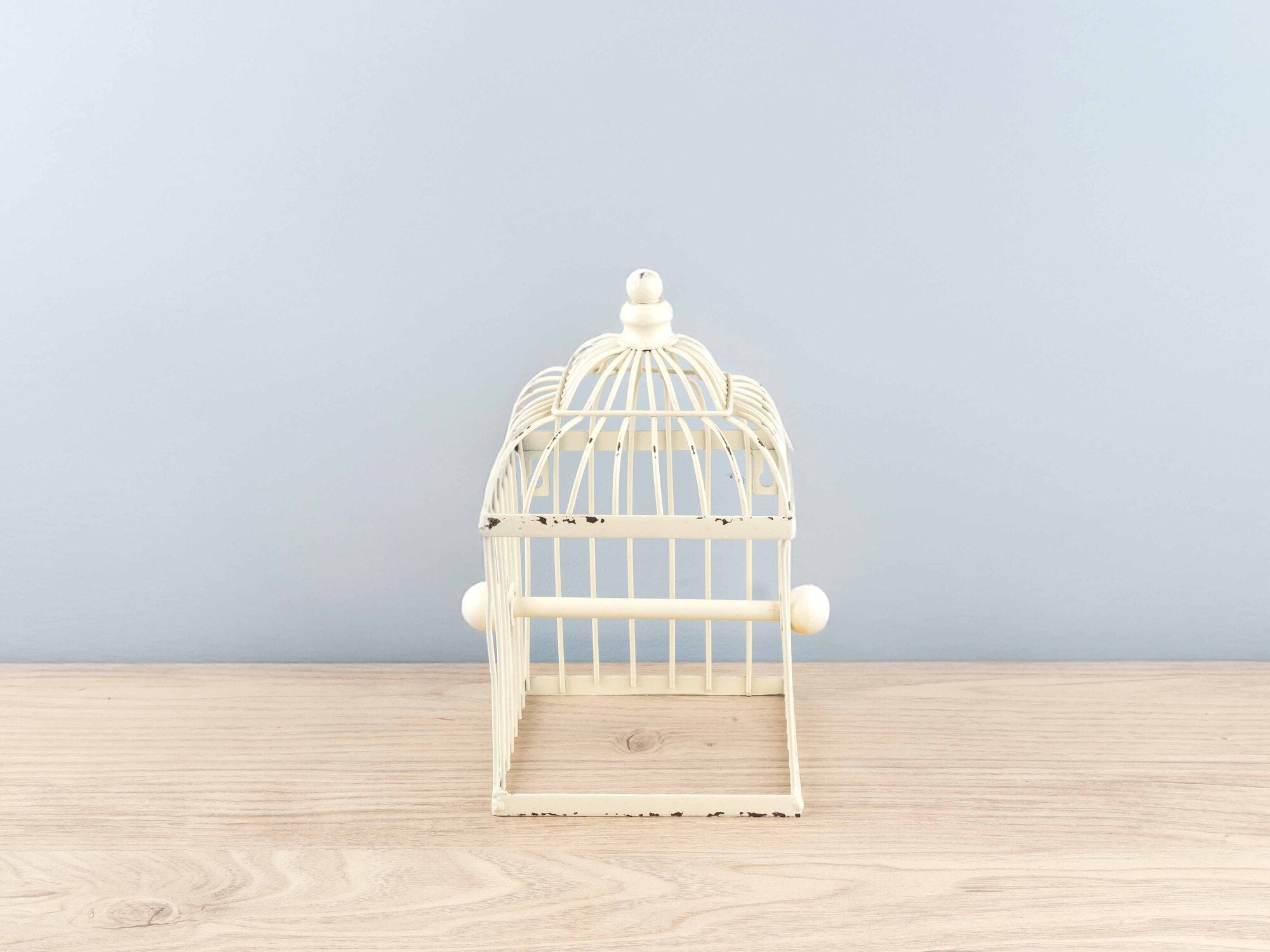 Metal Birdcage Shaped Toilet Paper Holder, Distressed White