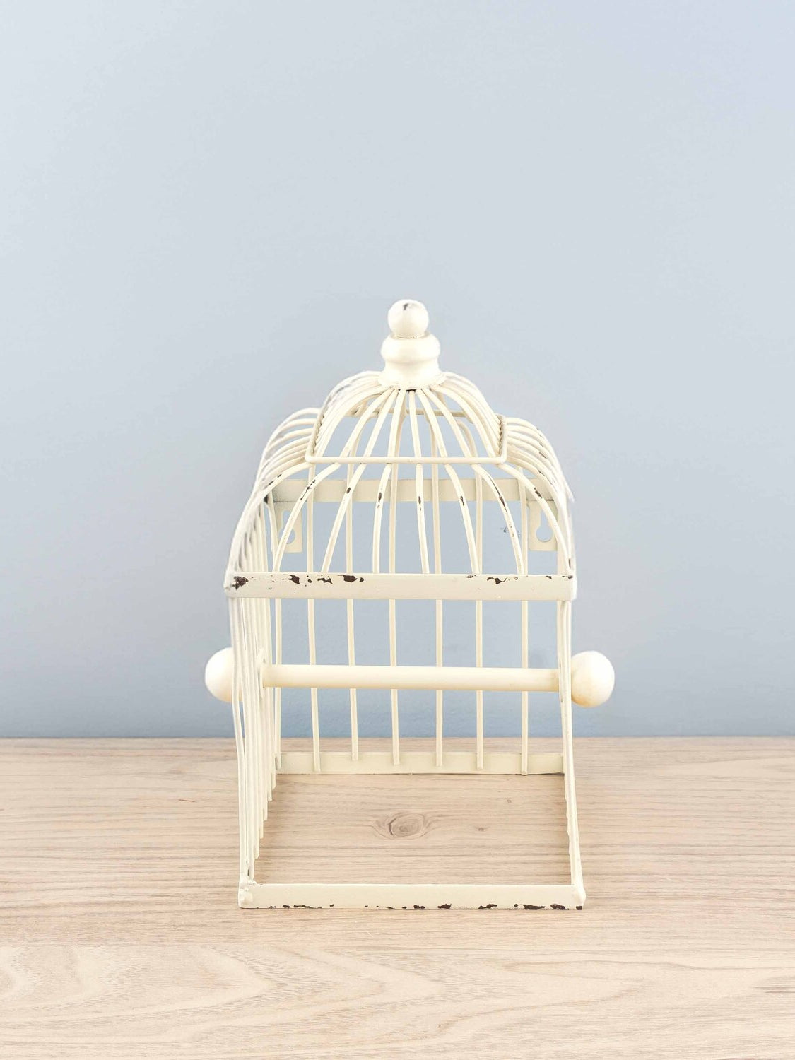Metal Birdcage Shaped Toilet Paper Holder, Distressed White