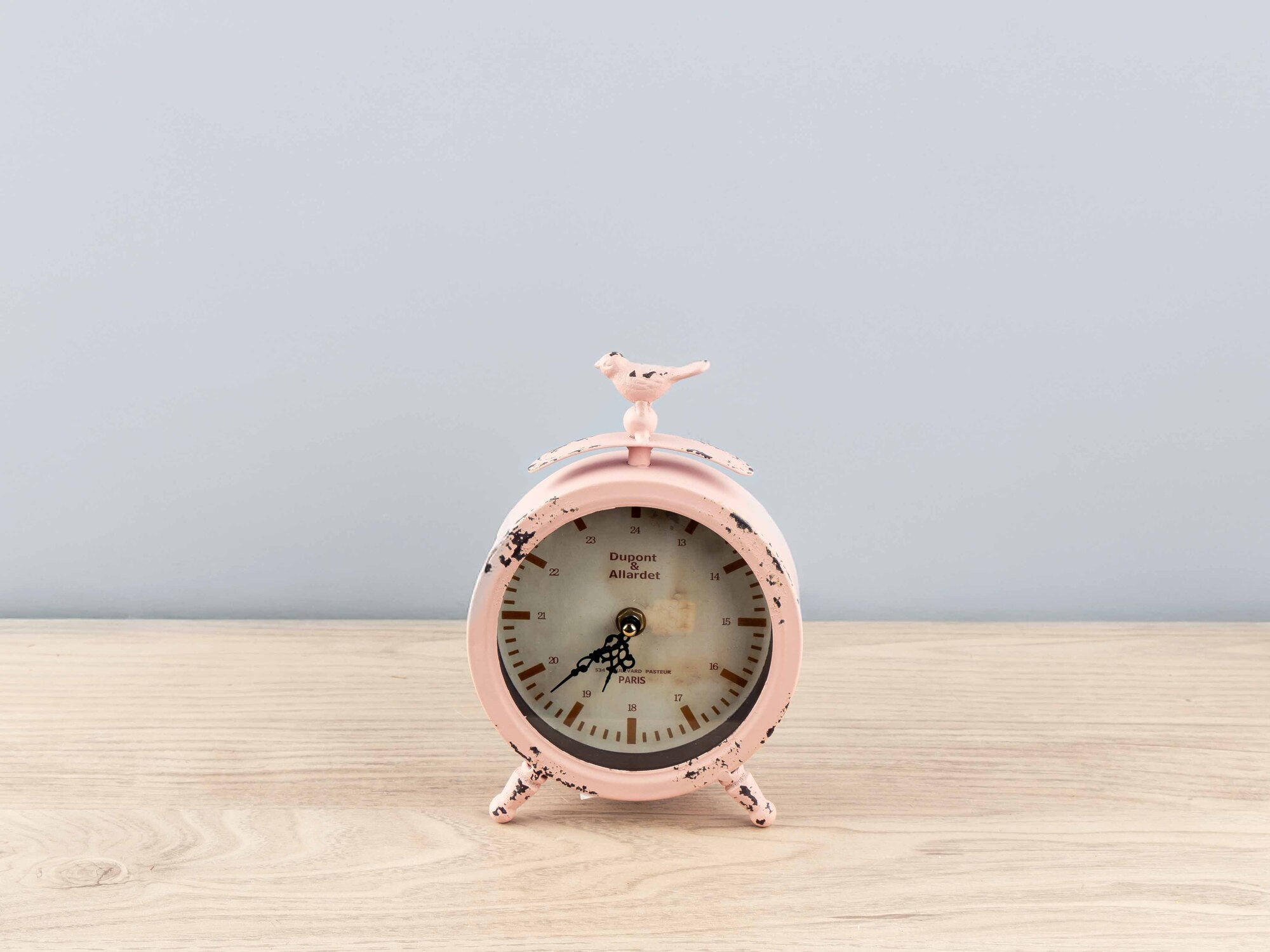 Metal & Glass Table Clock w/ Bird, Pink