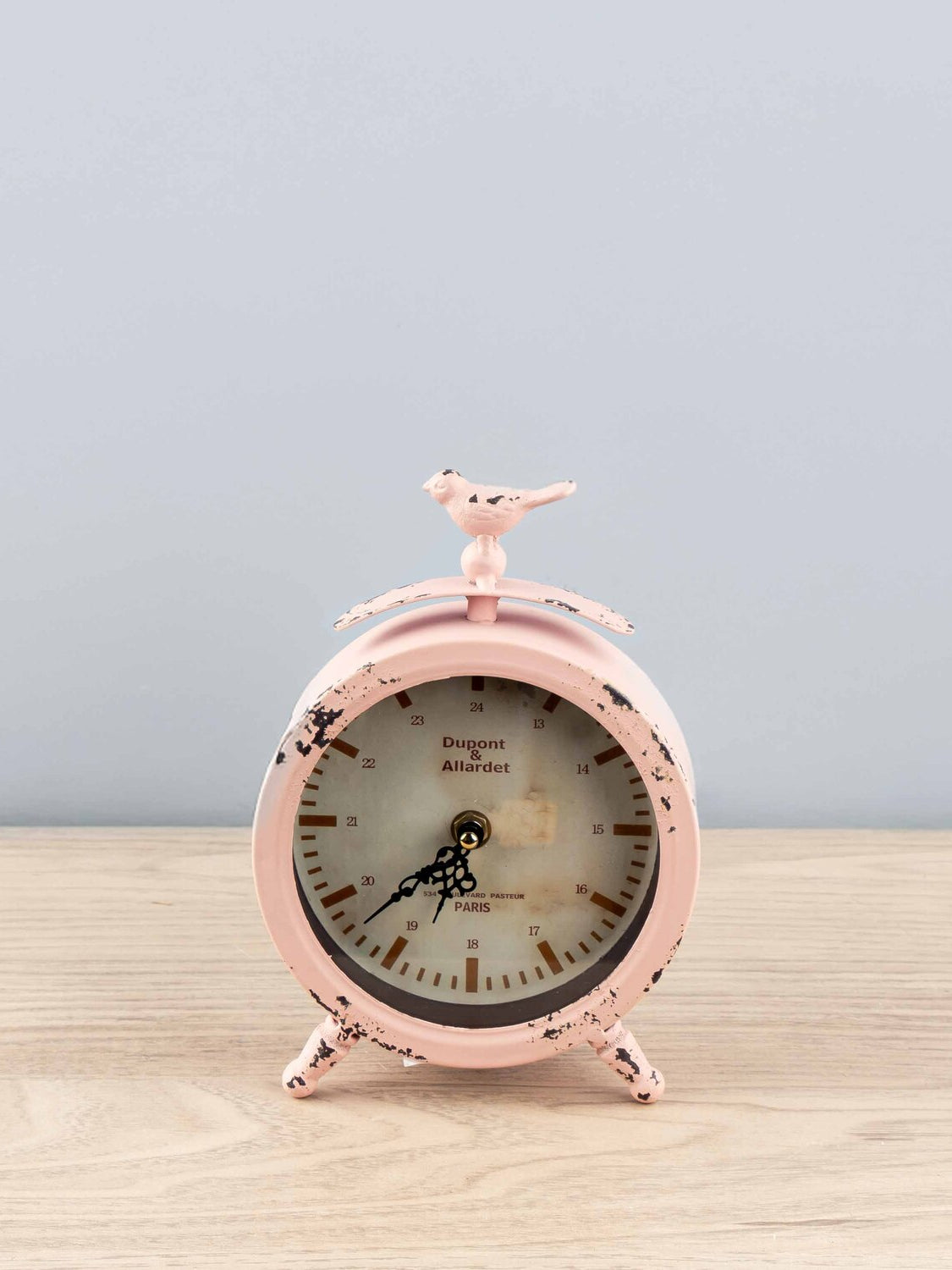 Metal & Glass Table Clock w/ Bird, Pink