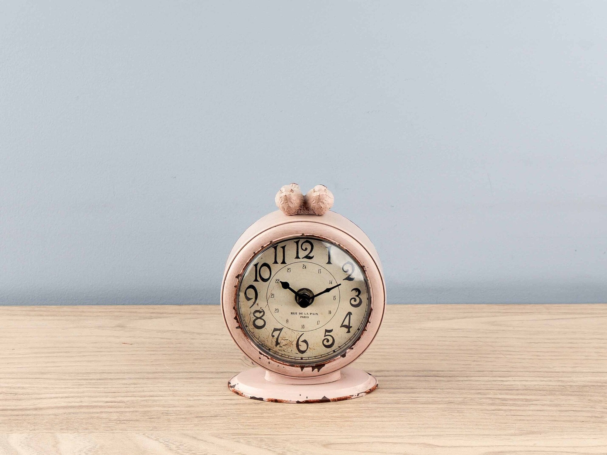 Pewter Table Clock W/ Birds, Pink