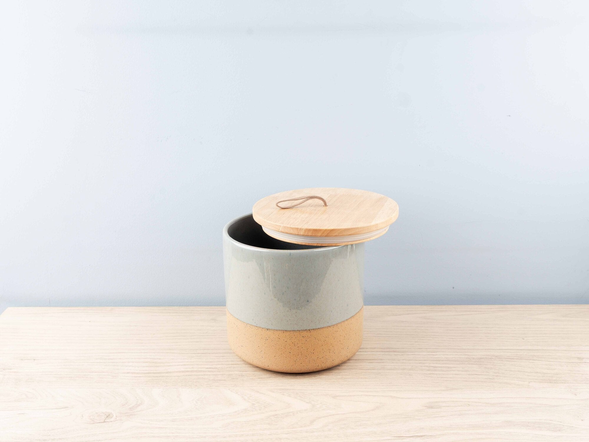 Stoneware Jar w/ Wood Lid & Leather Loop, Grey