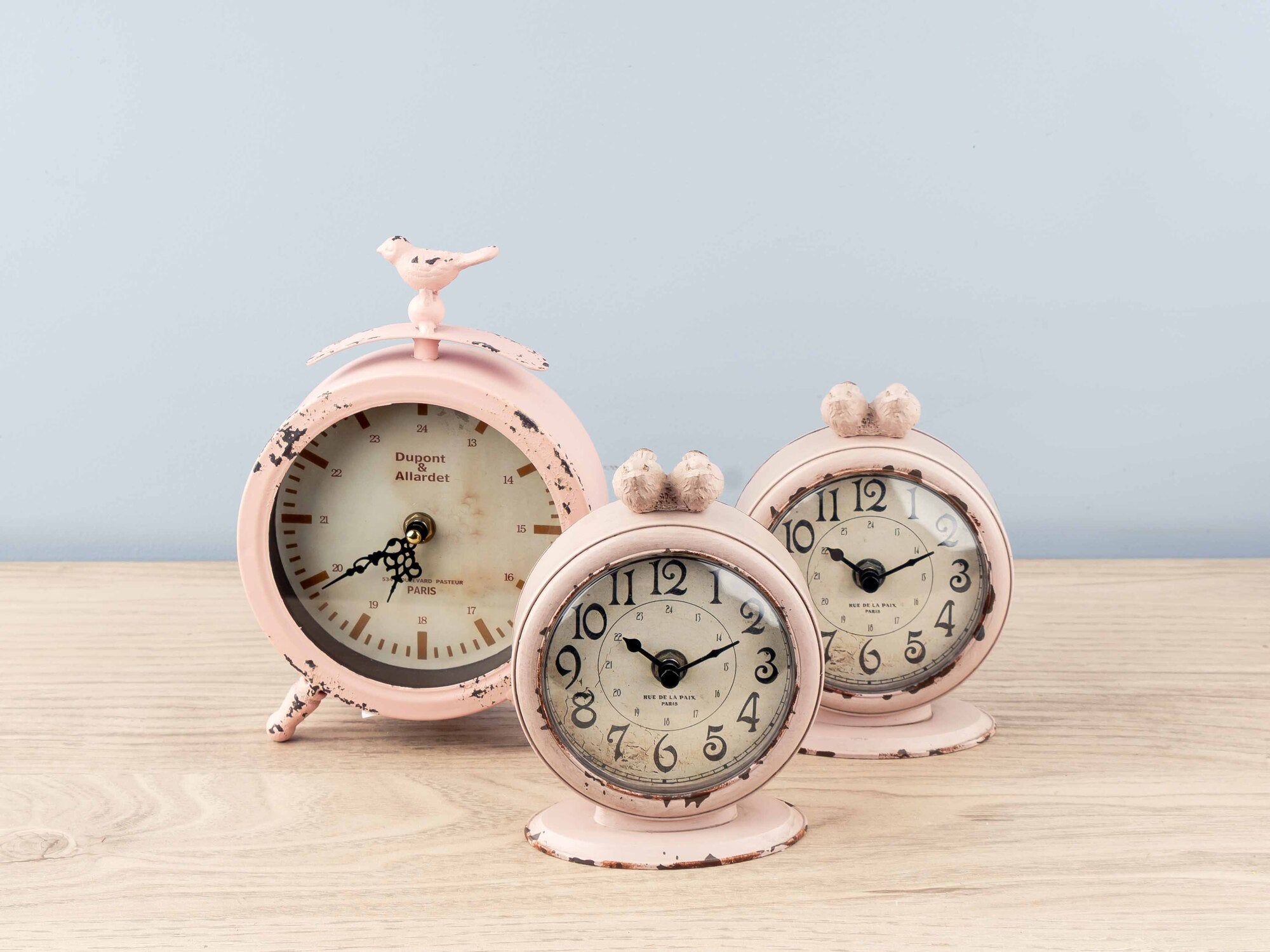 Pewter Table Clock W/ Birds, Pink