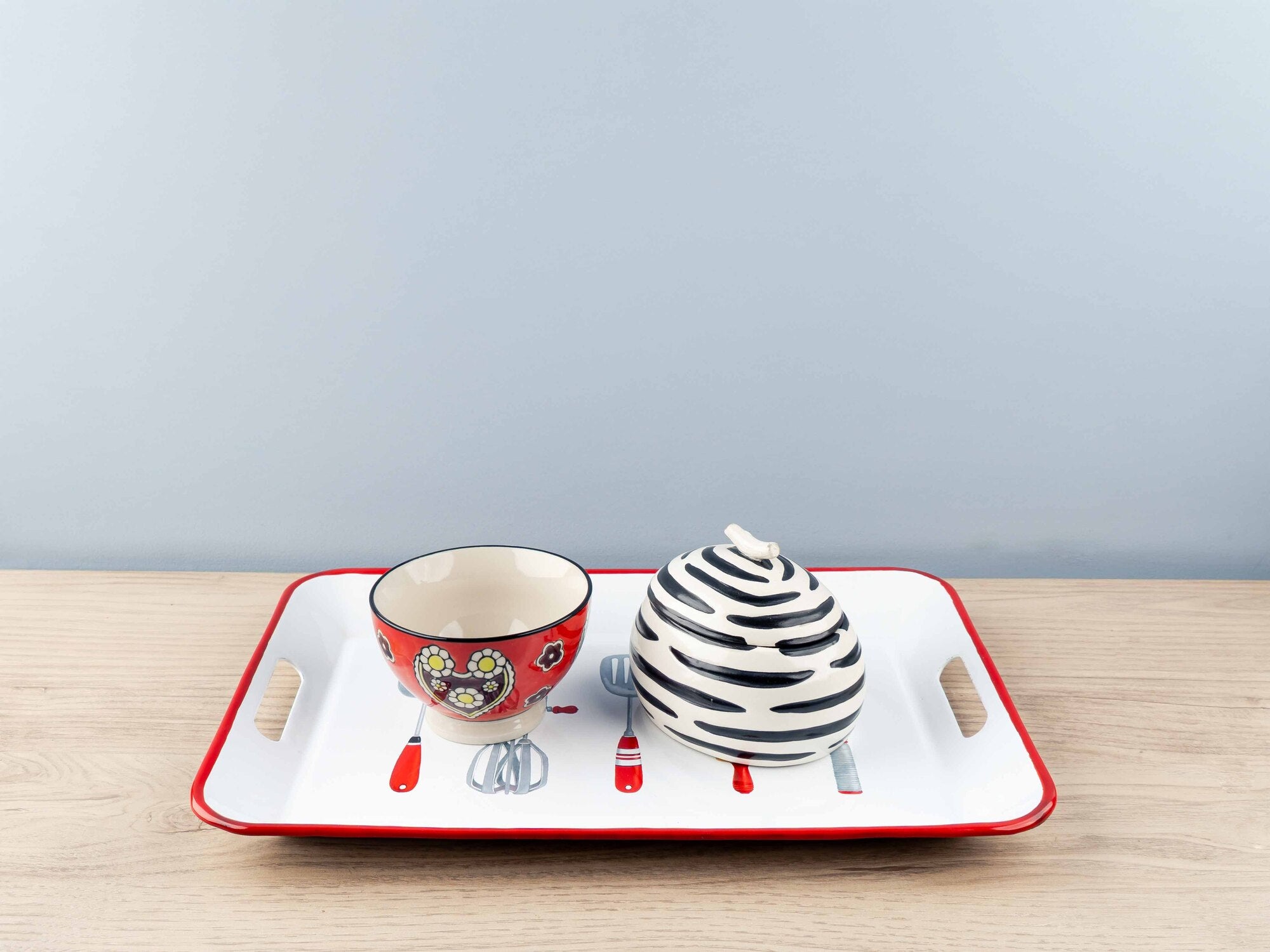 Mary Enameled Tray w/ Utensils & Handles (c)