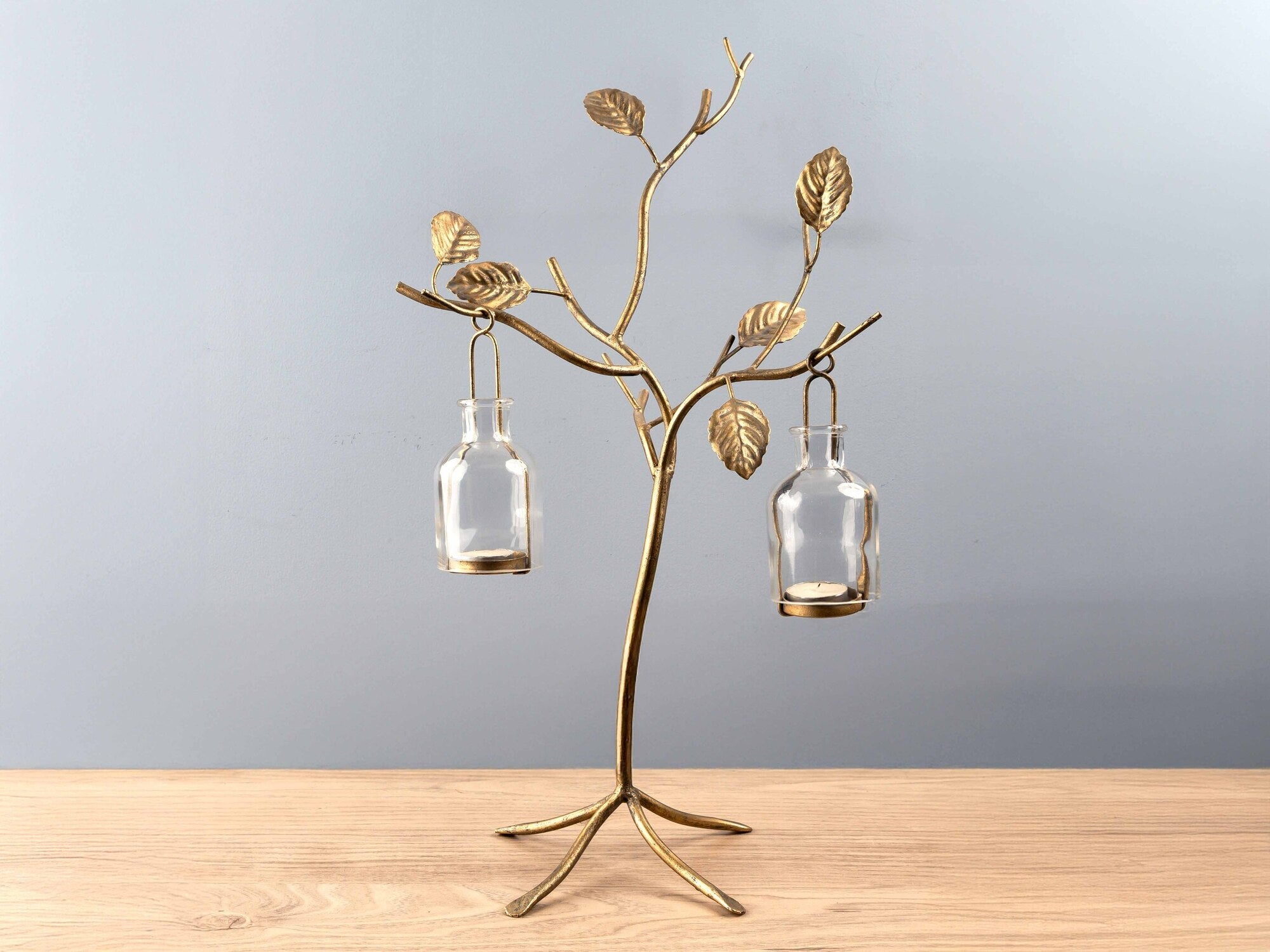 Metal & Glass Tree Tealight Holder, Holds 2 Tealights