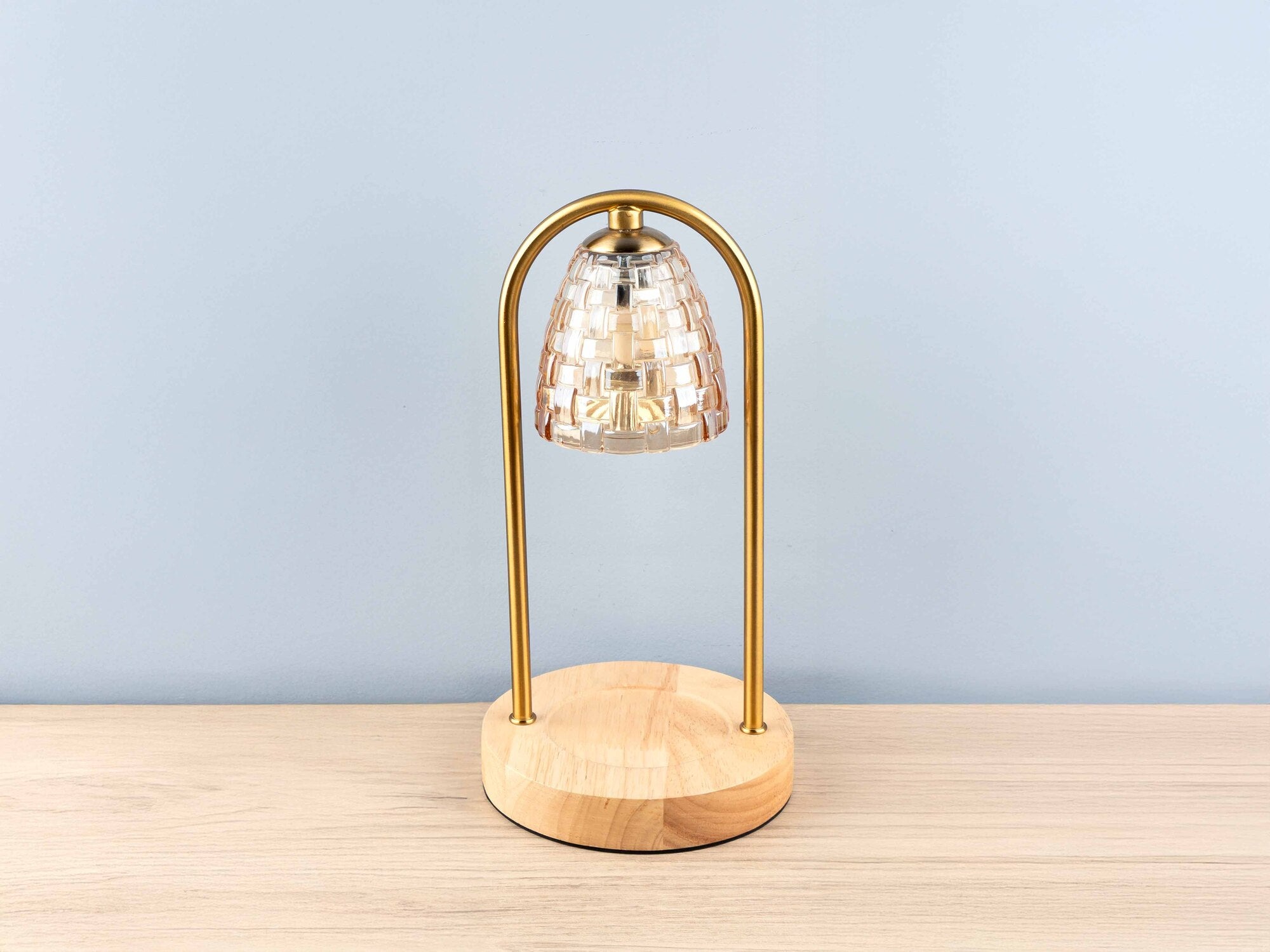 Mini Table Lamp/Candle Melting Lamp w/ Crystal Shade & Wood Base, Gold