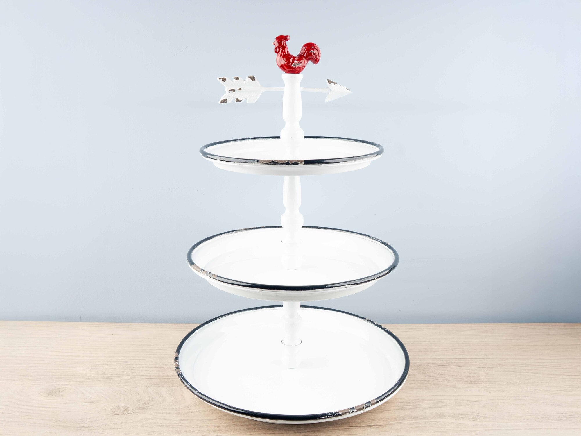 Decorative Metal 3-Tier Tray w/ Rooster, White w/ Black Rim
