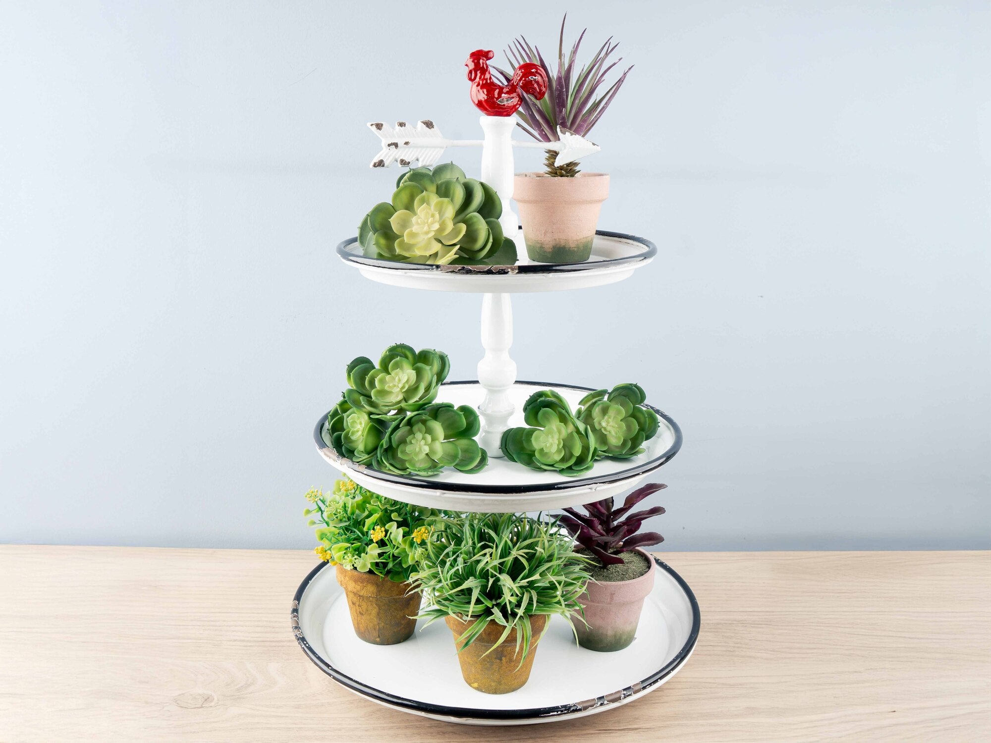 Decorative Metal 3-Tier Tray w/ Rooster, White w/ Black Rim