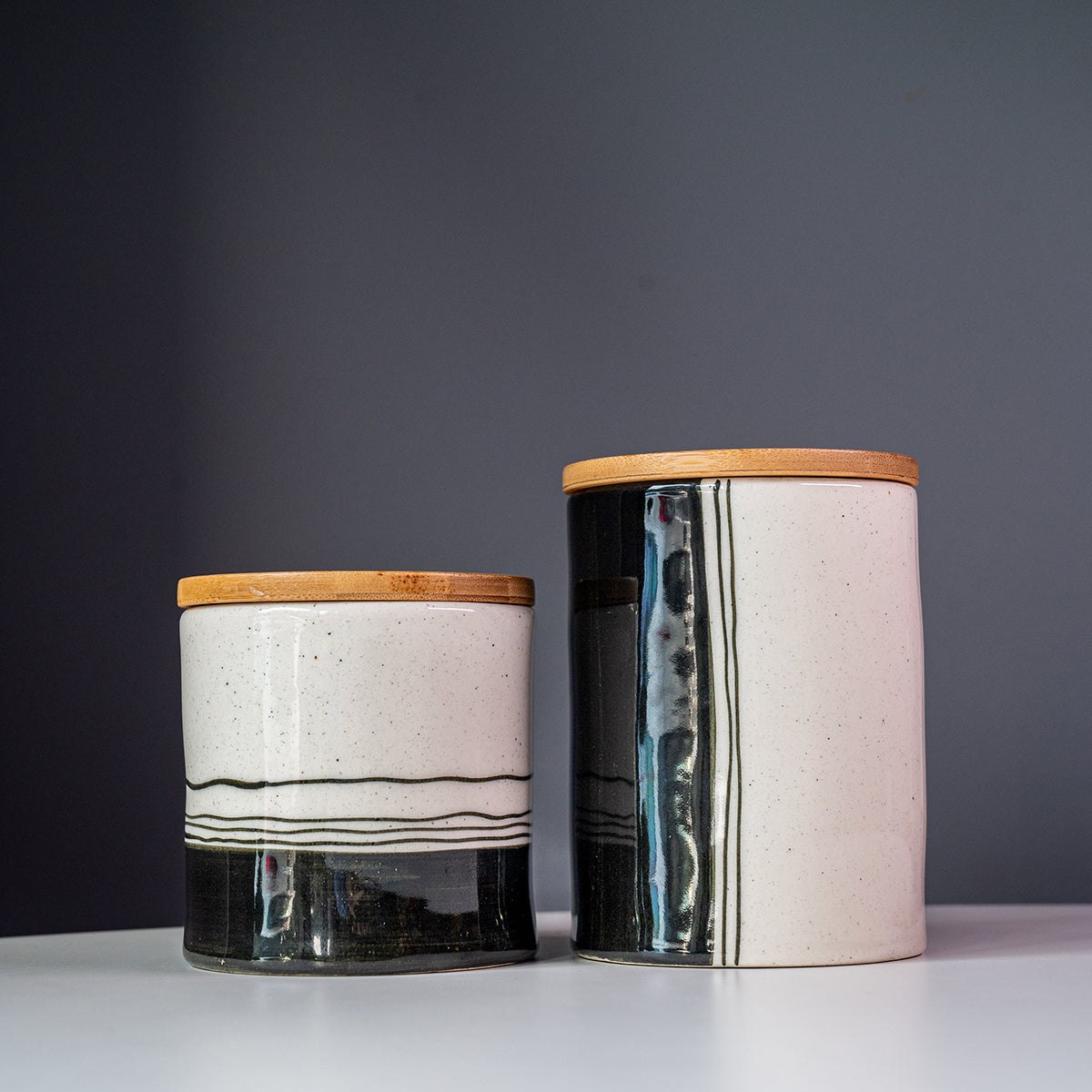 Hand-Painted Stoneware Canister White / Bamboo Lid