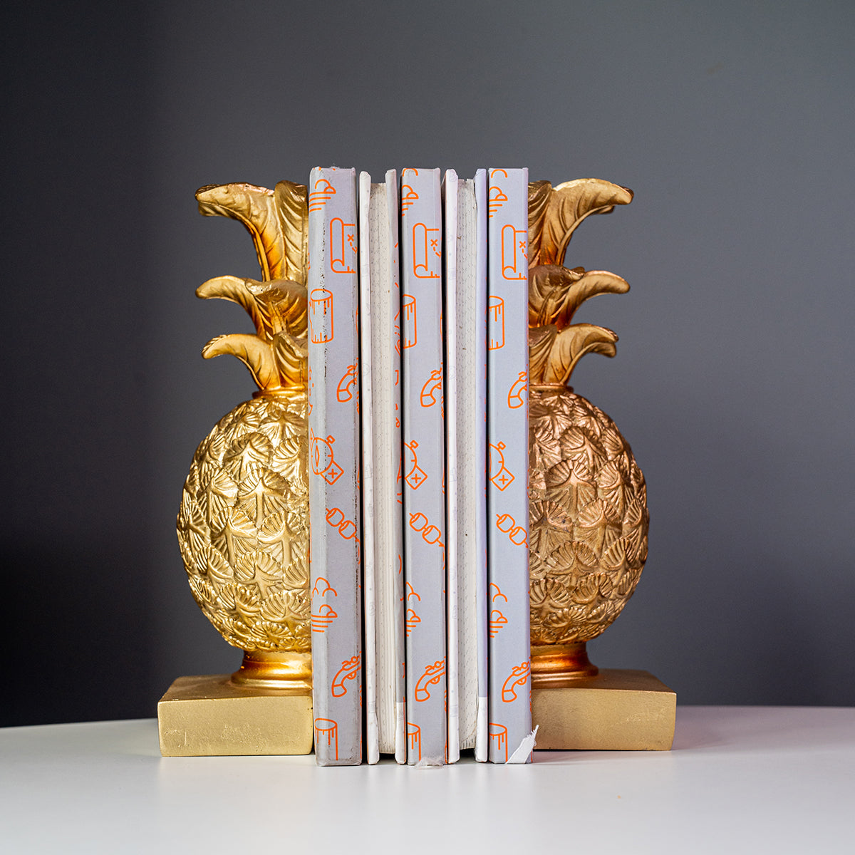 Resin Pineapple Bookends, Distressed Gold Finish, Set of 2