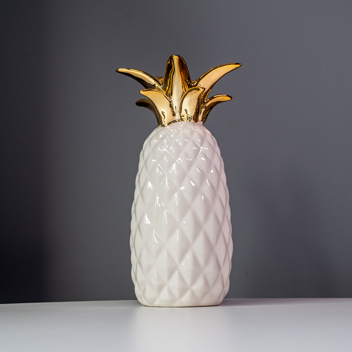 Stoneware Pineapple Vase, White / Gold Electroplated Finish