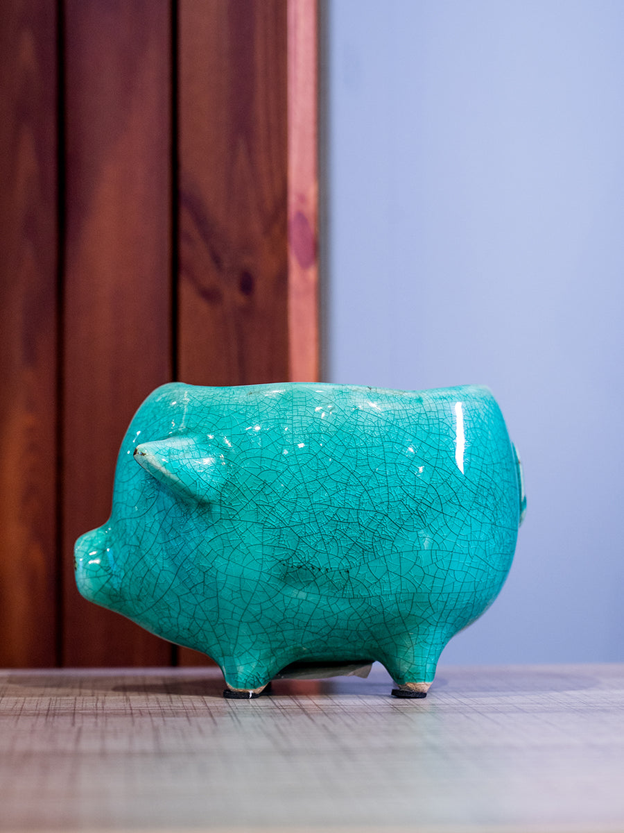 Terra Cotta Pig Planter, Blue