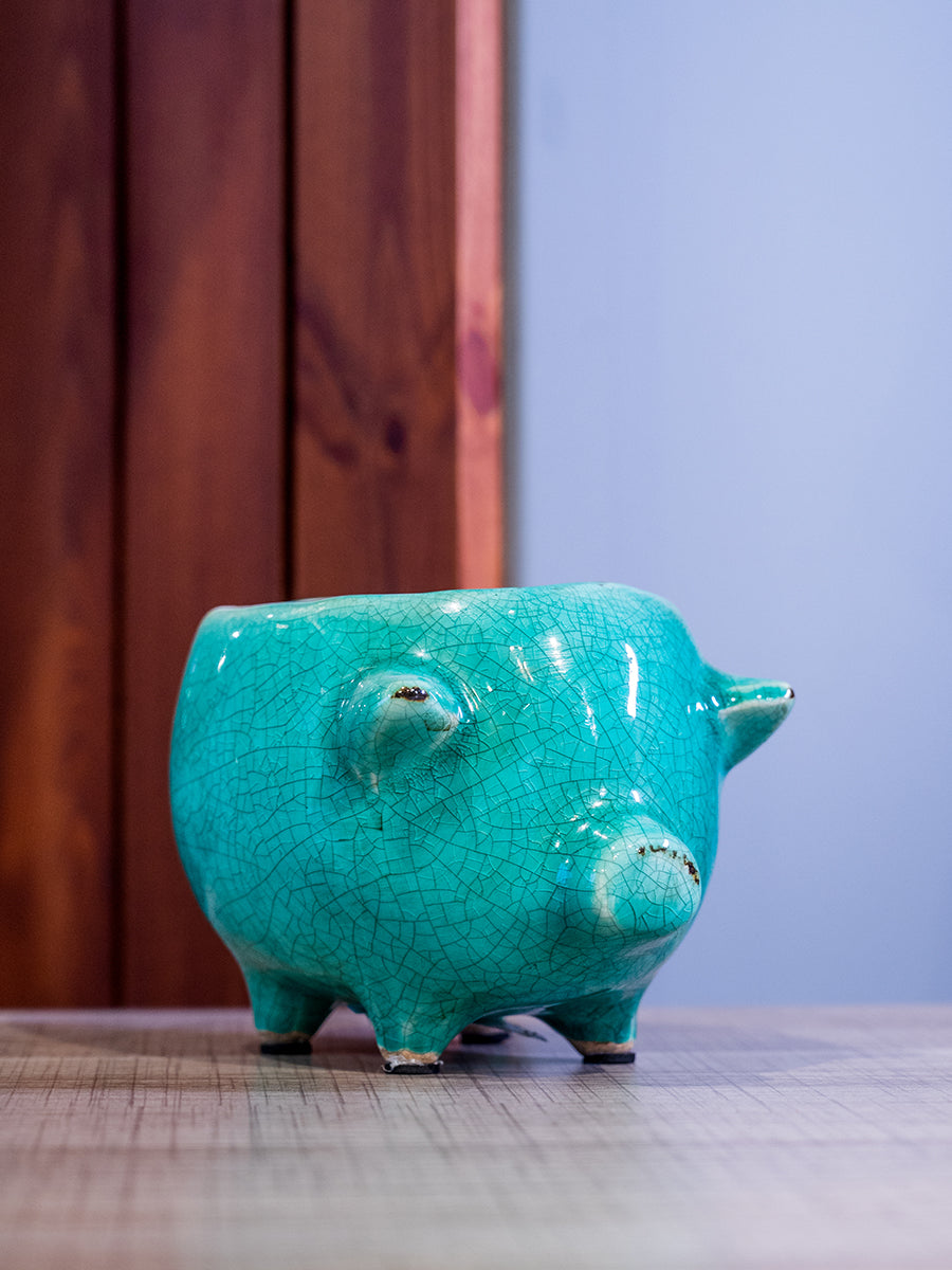 Terra Cotta Pig Planter, Blue