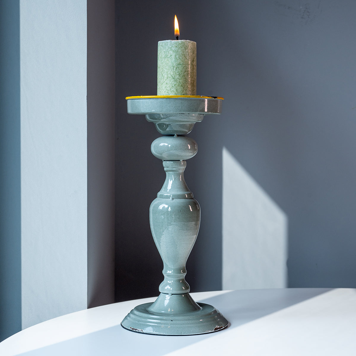 Metal Candle Holder, Grey w/ Yellow Rim, Small