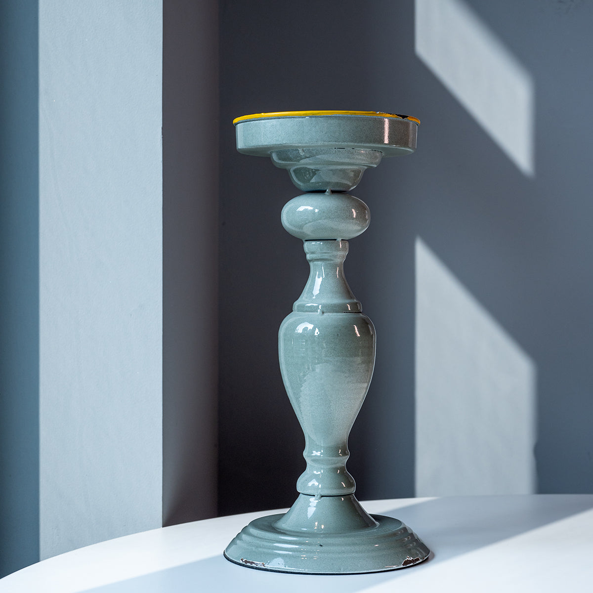 Metal Candle Holder, Grey w/ Yellow Rim, Small