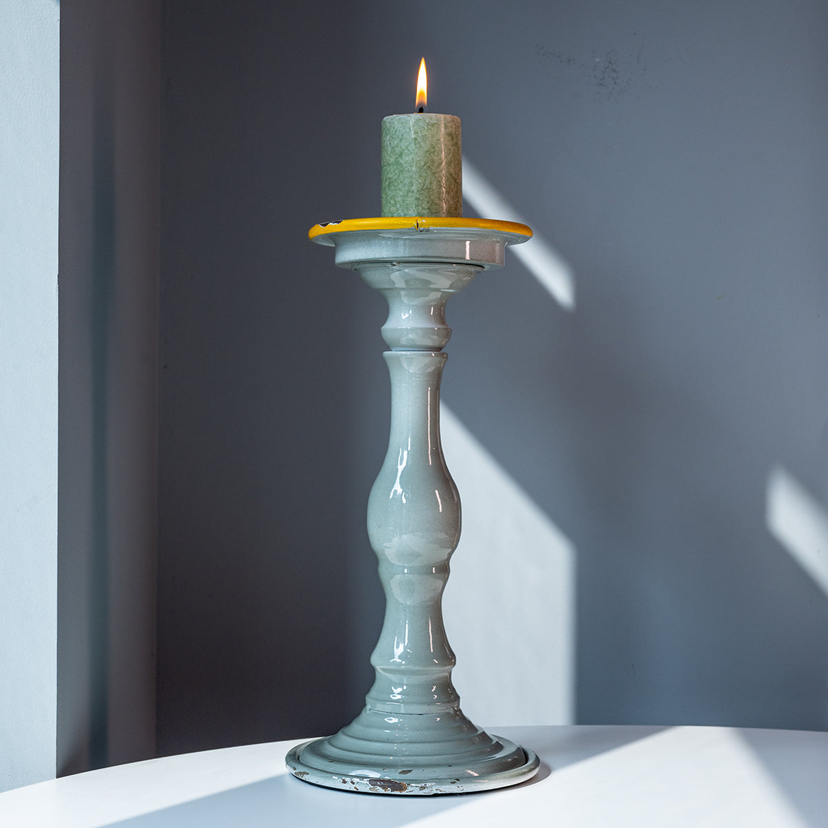 Metal Candle, Holder, Grey w/ Yellow Rim, Large