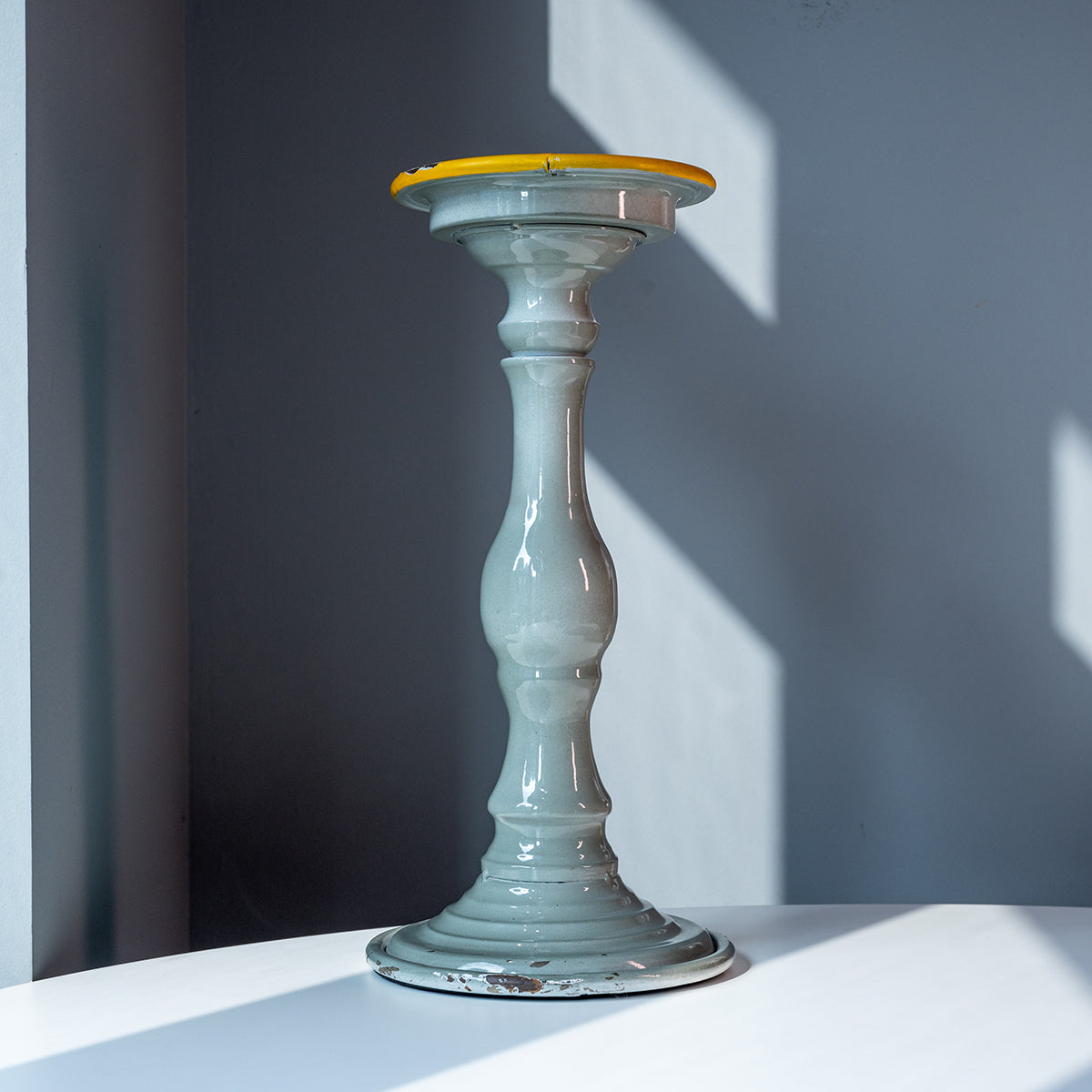 Metal Candle, Holder, Grey w/ Yellow Rim, Large