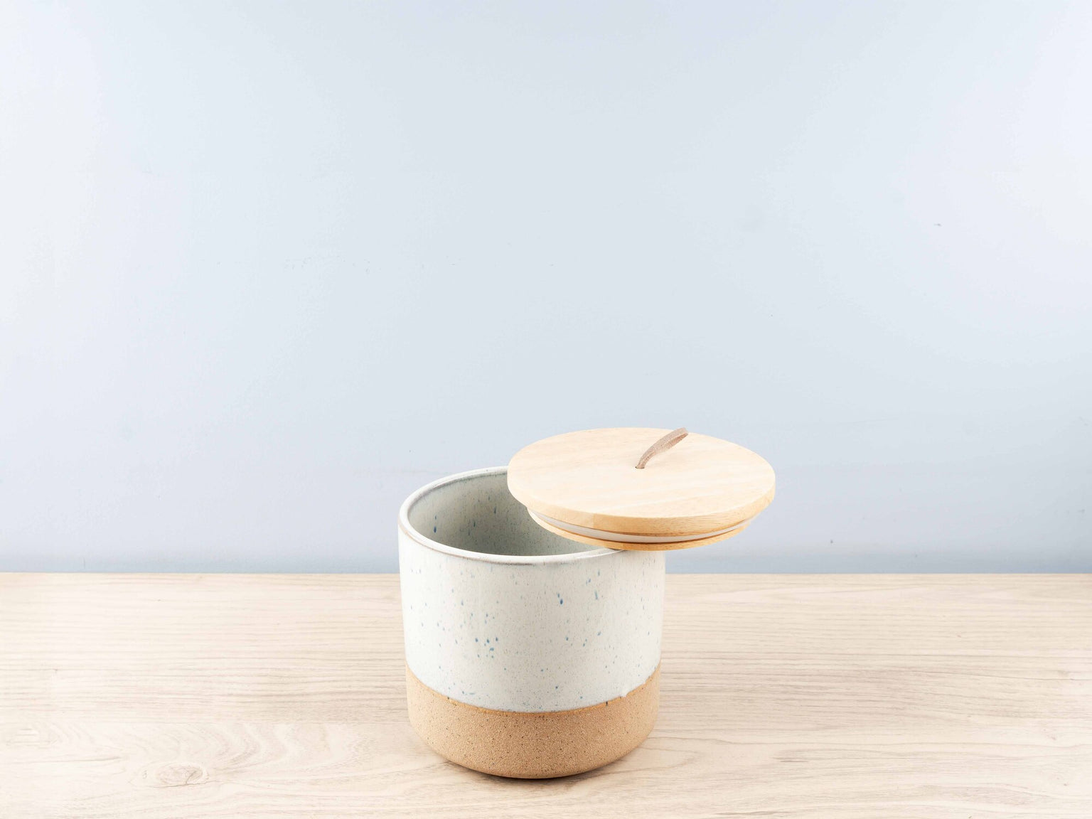 Stoneware Jar w/ Wood Lid &amp; Leather Loop, Cream