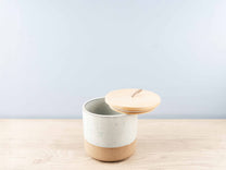 Stoneware Jar w/ Wood Lid &amp; Leather Loop, Cream