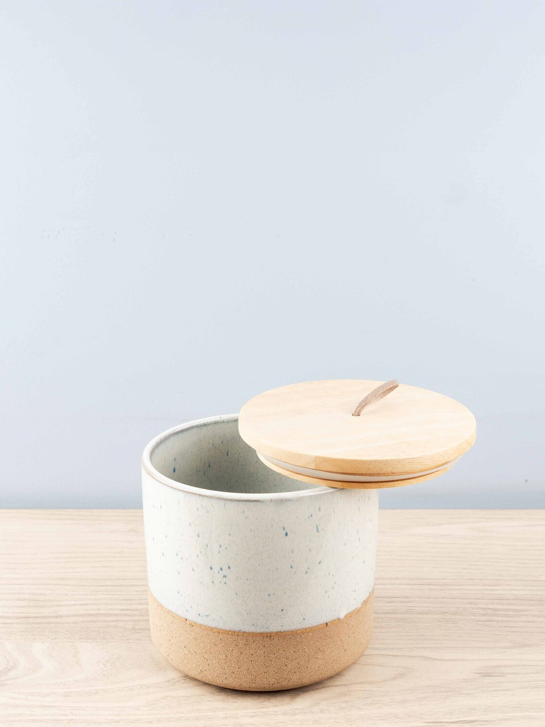 Stoneware Jar w/ Wood Lid & Leather Loop, Cream