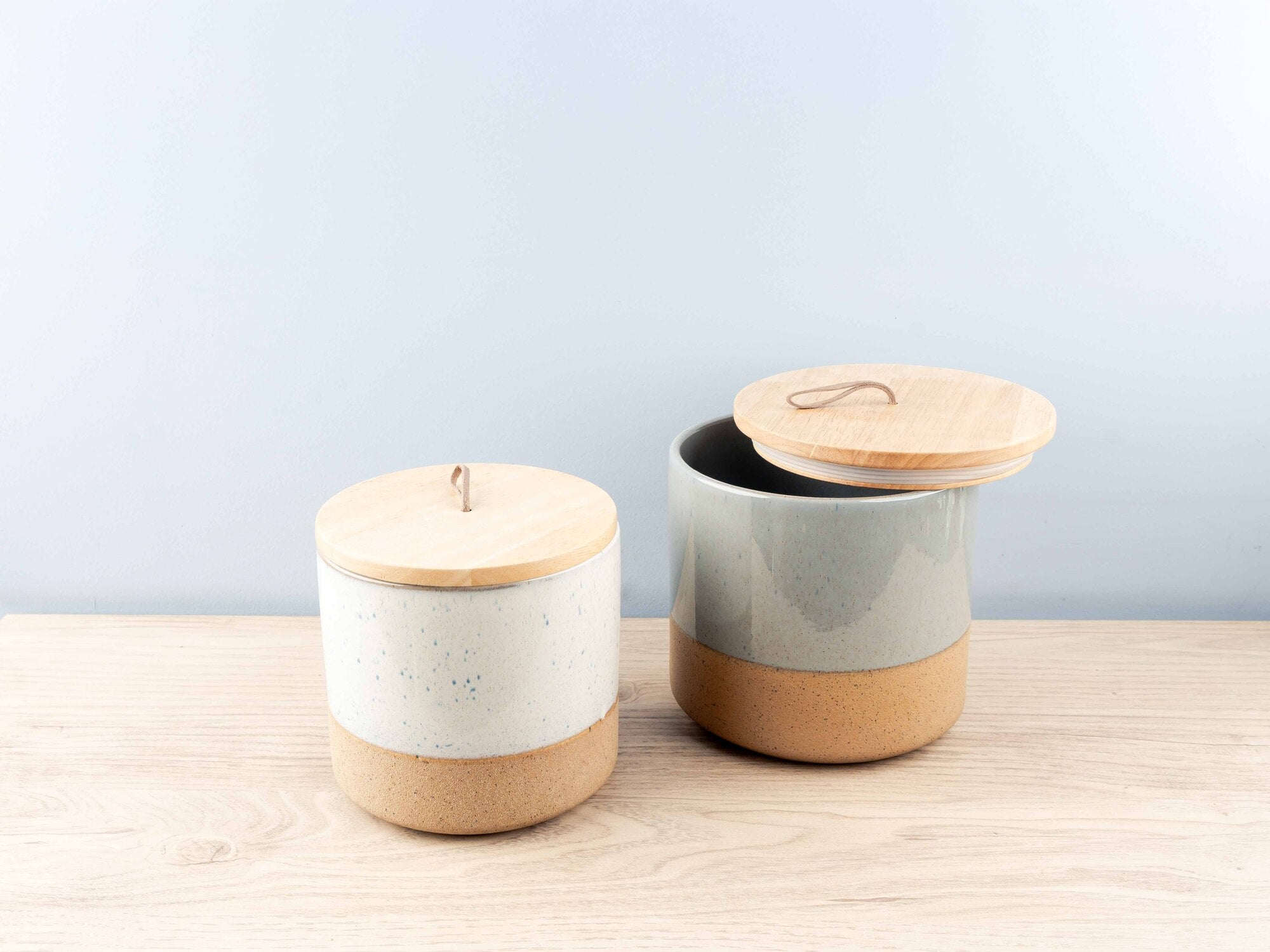 Stoneware Jar w/ Wood Lid & Leather Loop, Grey