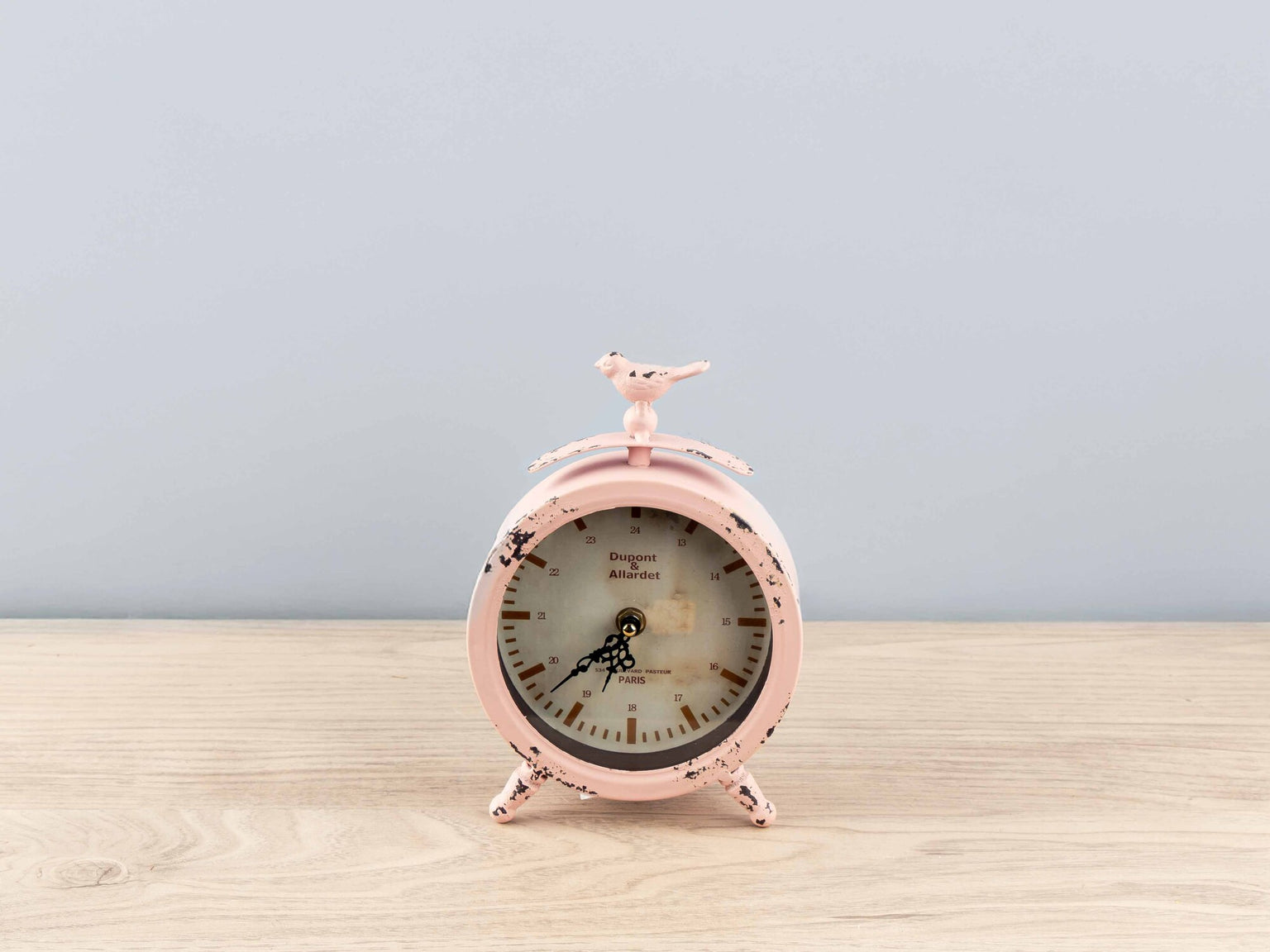 Metal &amp; Glass Table Clock w/ Bird, Pink
