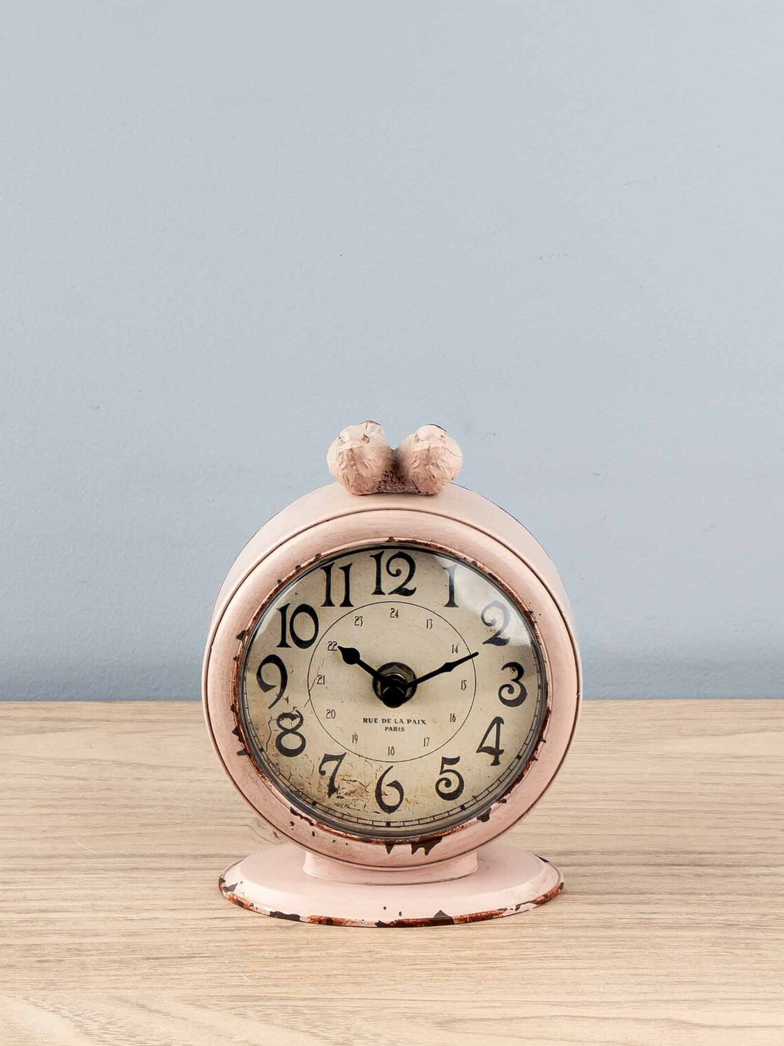 Pewter Table Clock W/ Birds, Pink