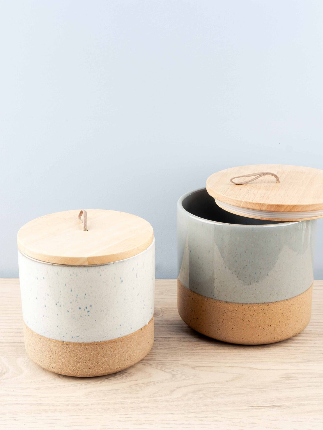 Stoneware Jar w/ Wood Lid & Leather Loop, Grey