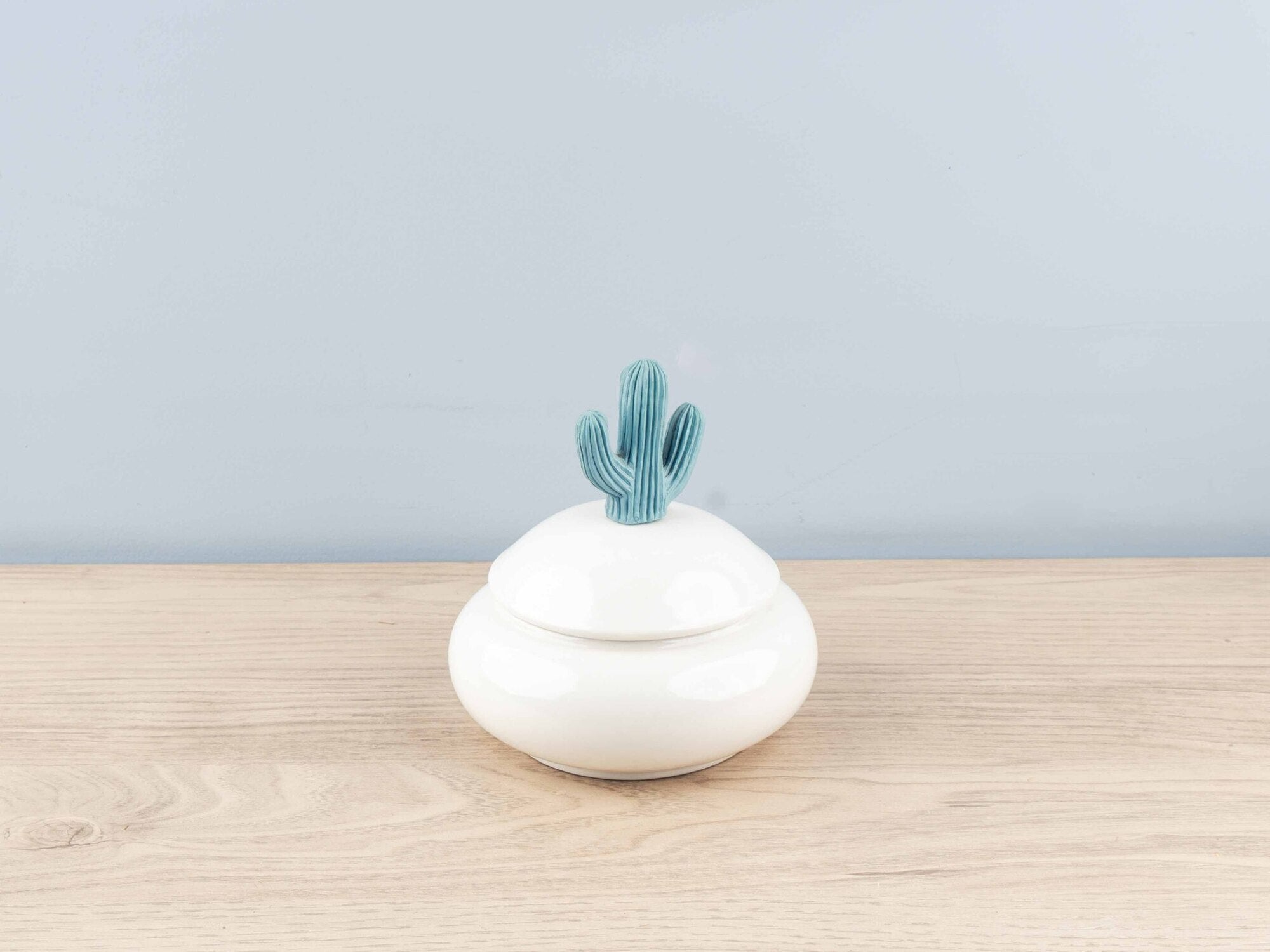 Small Resin & Porcelain Jar w/ Cactus Lid, Light Blue