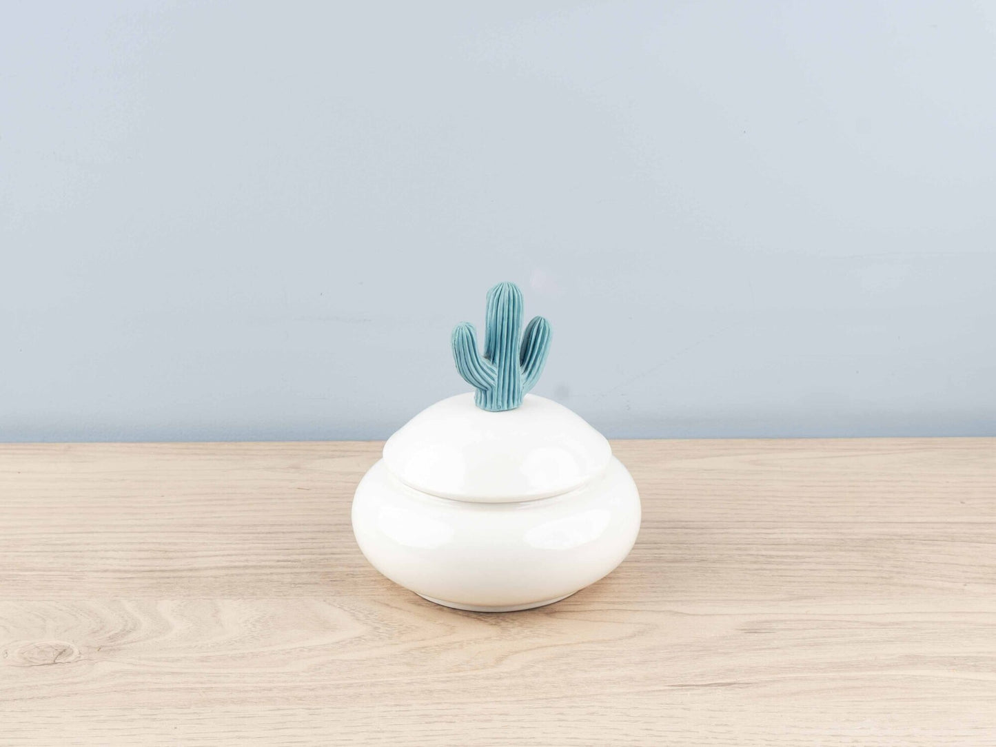 Small Resin & Porcelain Jar w/ Cactus Lid, Light Blue