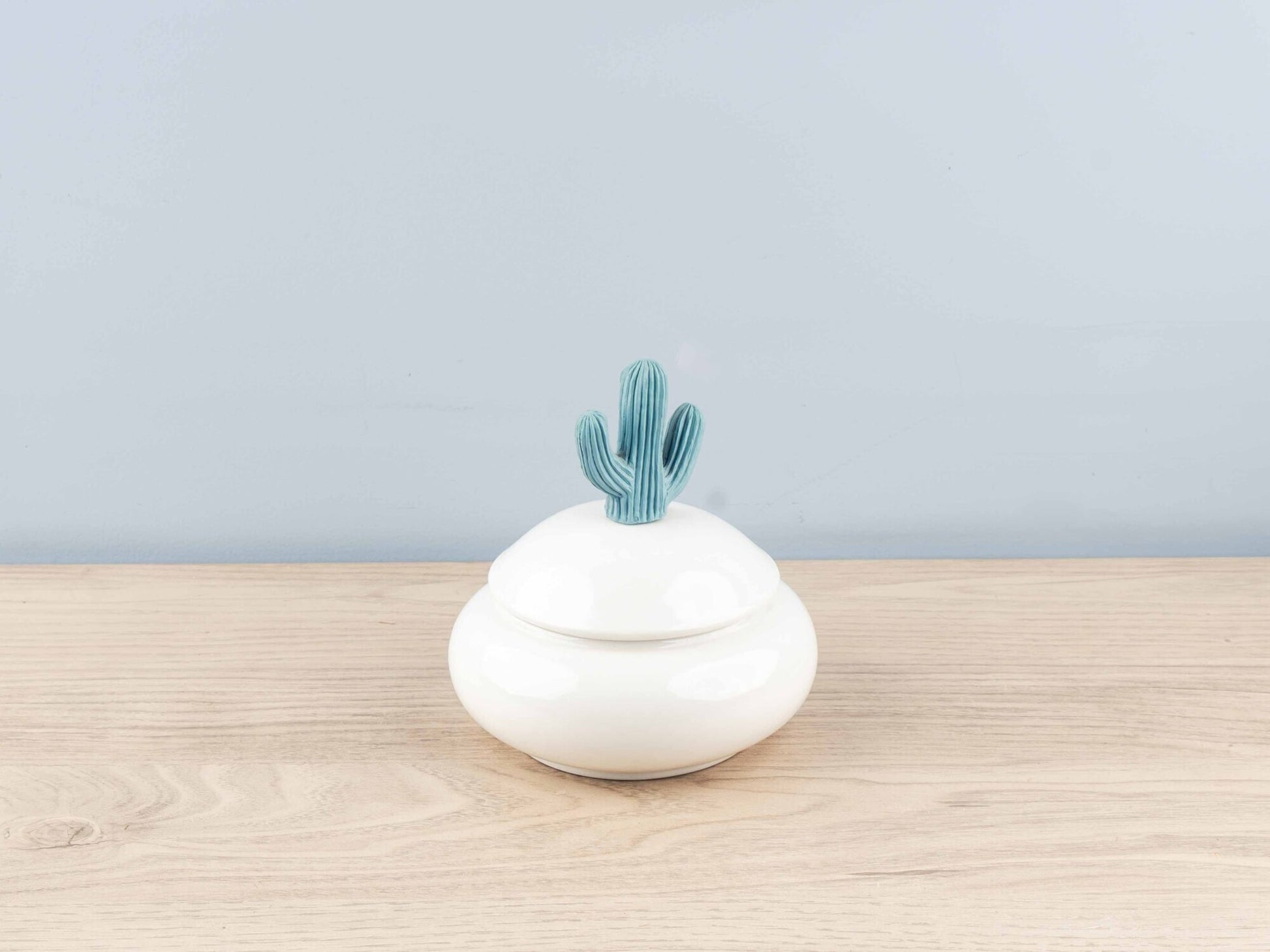 Small Resin &amp; Porcelain Jar w/ Cactus Lid, Light Blue