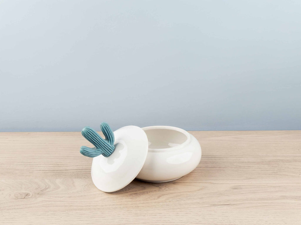 Small Resin &amp; Porcelain Jar w/ Cactus Lid, Light Blue
