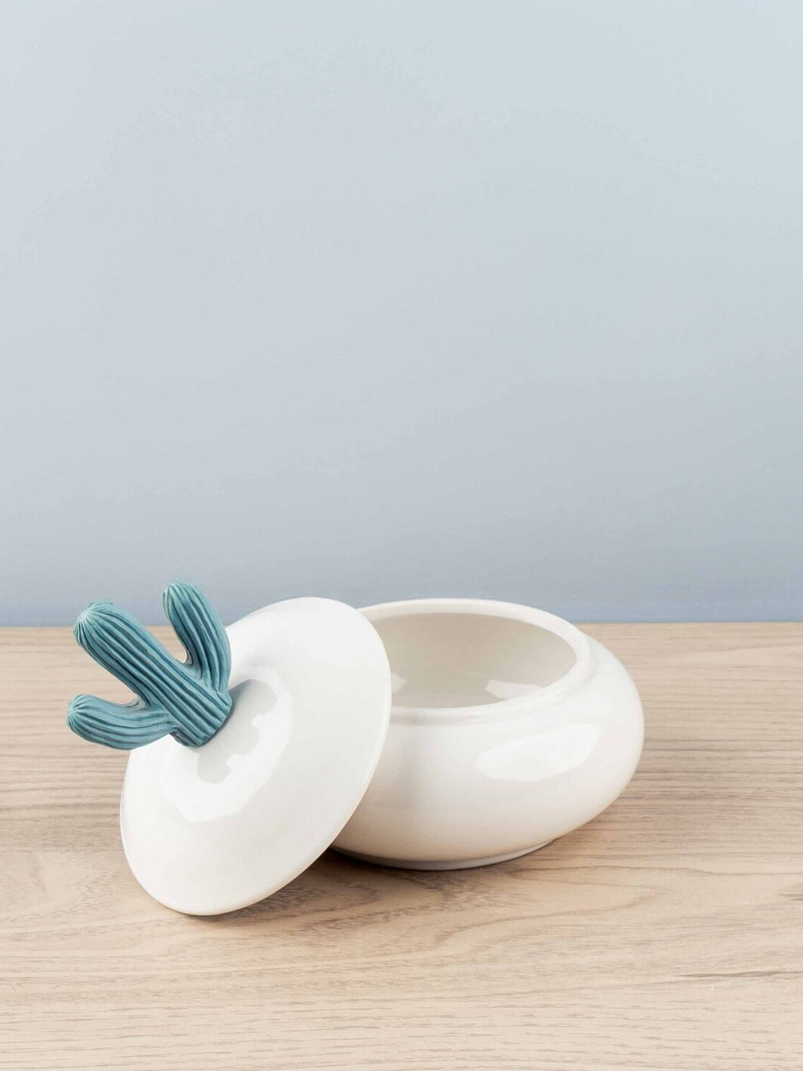 Small Resin & Porcelain Jar w/ Cactus Lid, Light Blue