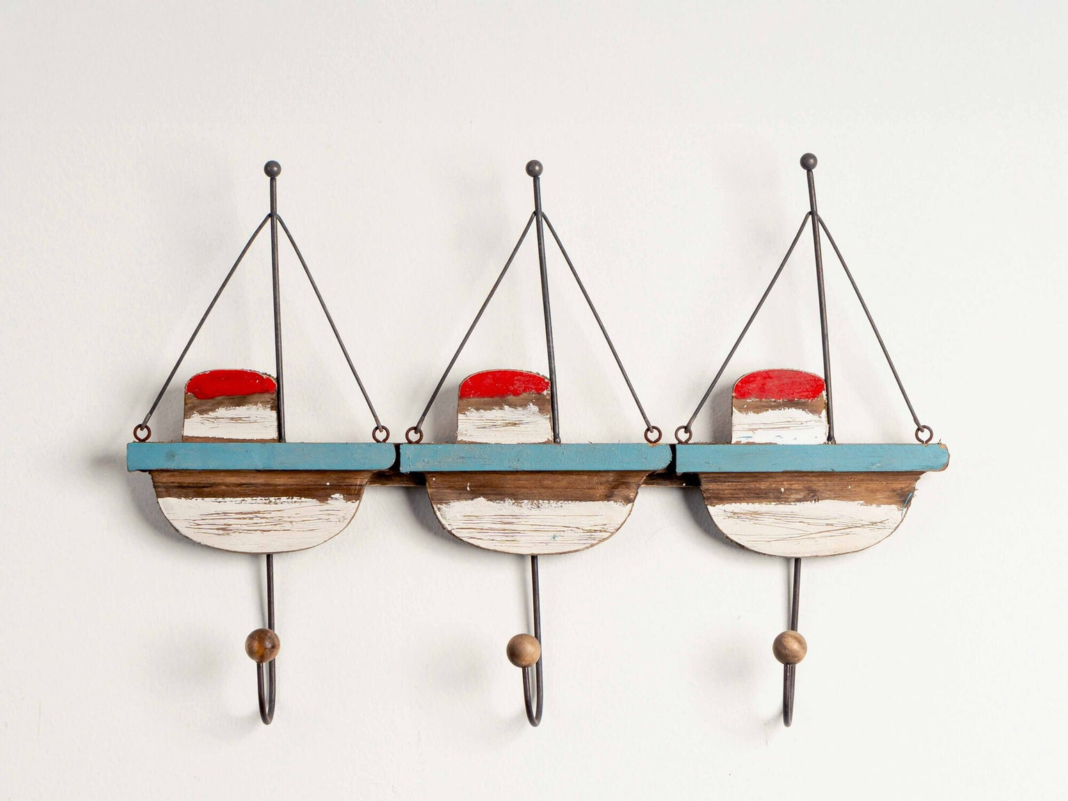 Wood &amp; Metal Boats Wall Décor w/ 3 Hooks