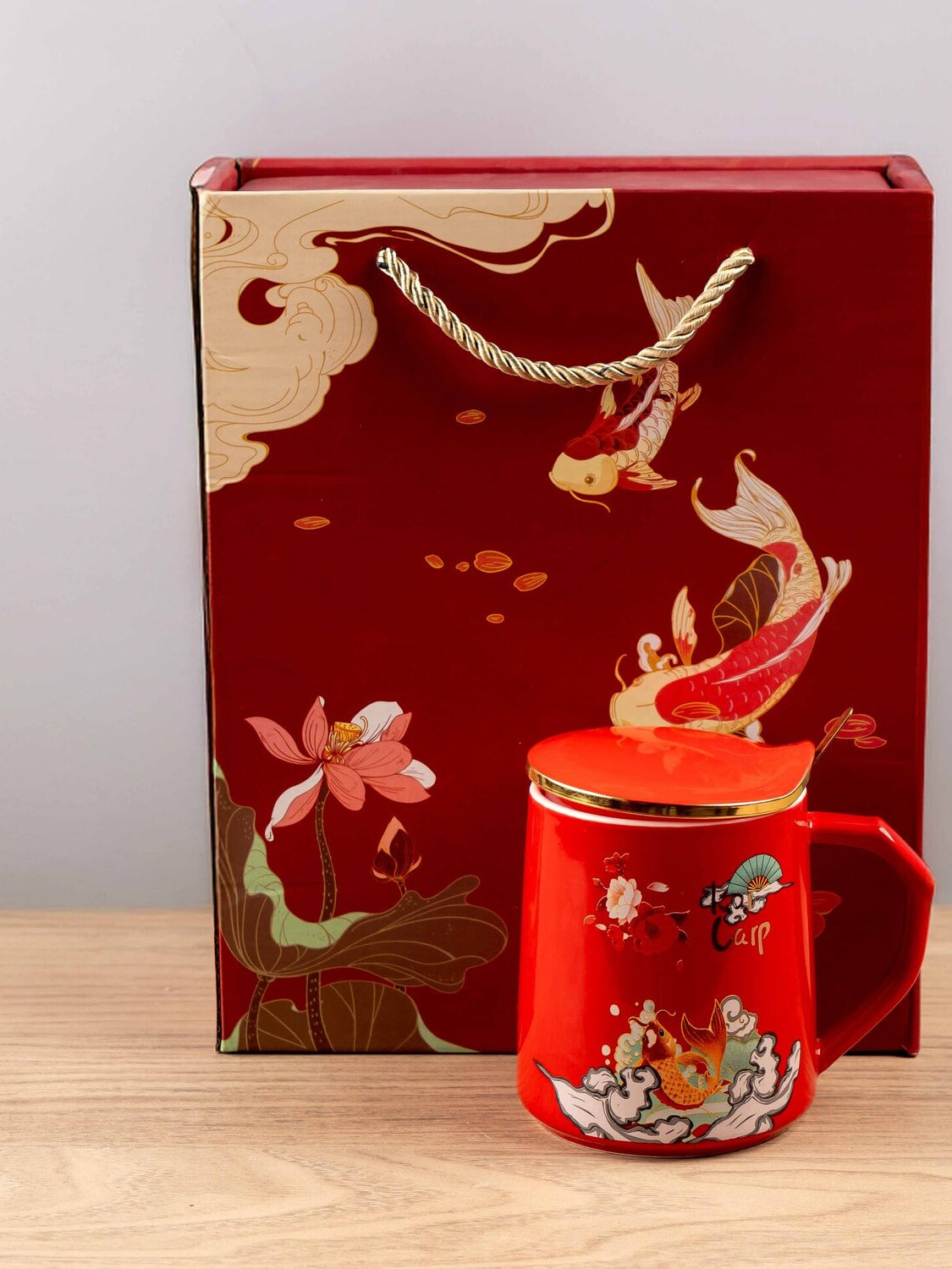 Ceramic Mug w/ Lid & Spoon in Color Box, Set of 3