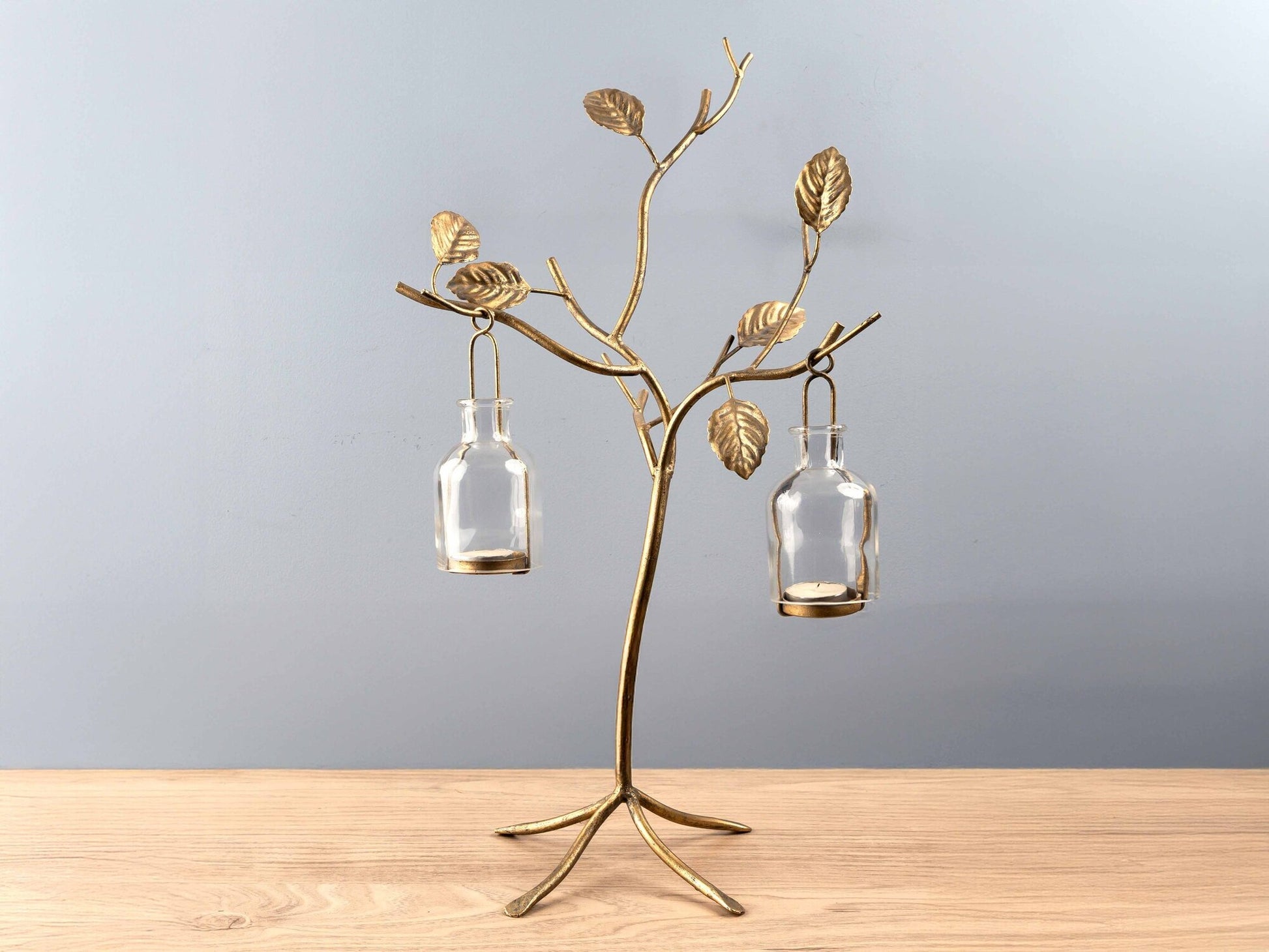 Metal &amp; Glass Tree Tealight Holder, Holds 2 Tealights