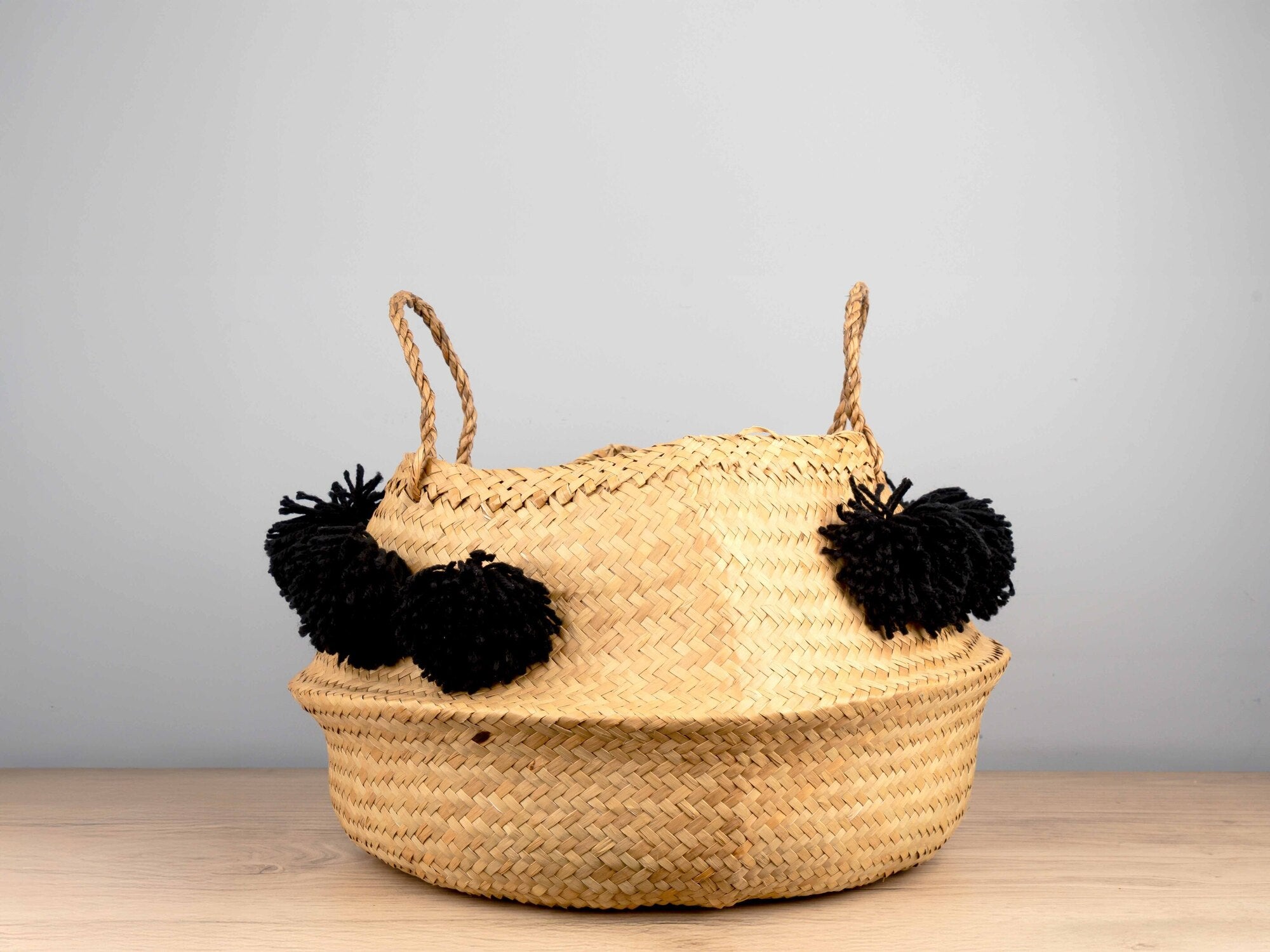 Wicker Collapsible Baskets w/ Black Pom Pom, Set of 2