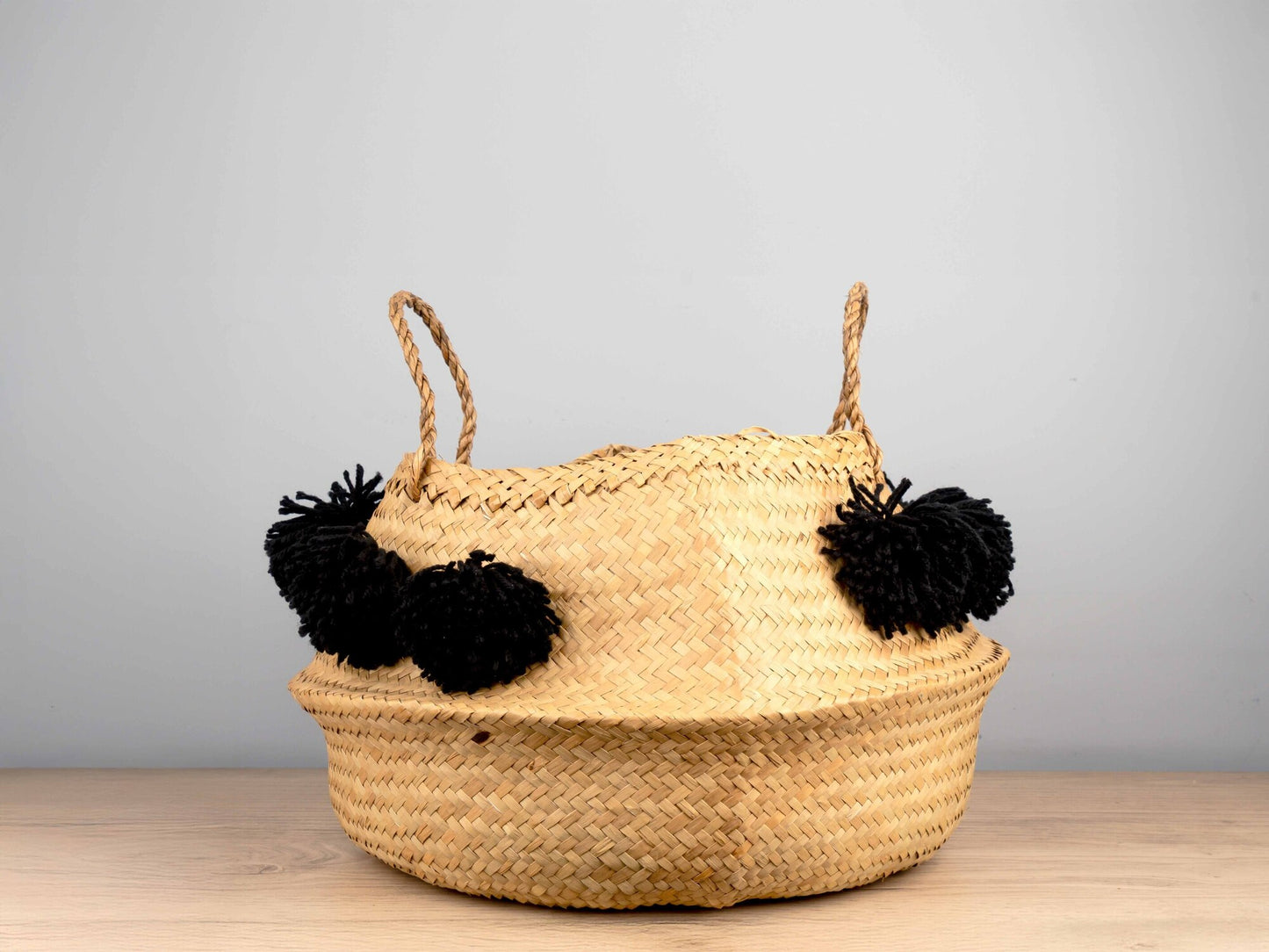 Wicker Collapsible Baskets w/ Black Pom Pom, Set of 2