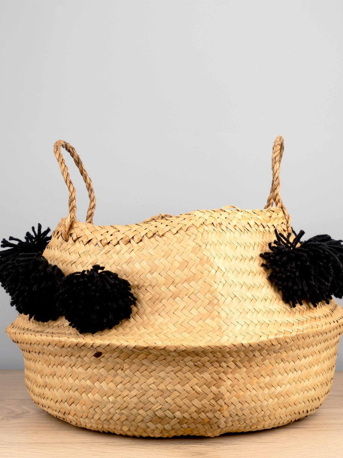 Wicker Collapsible Baskets w/ Black Pom Pom, Set of 2