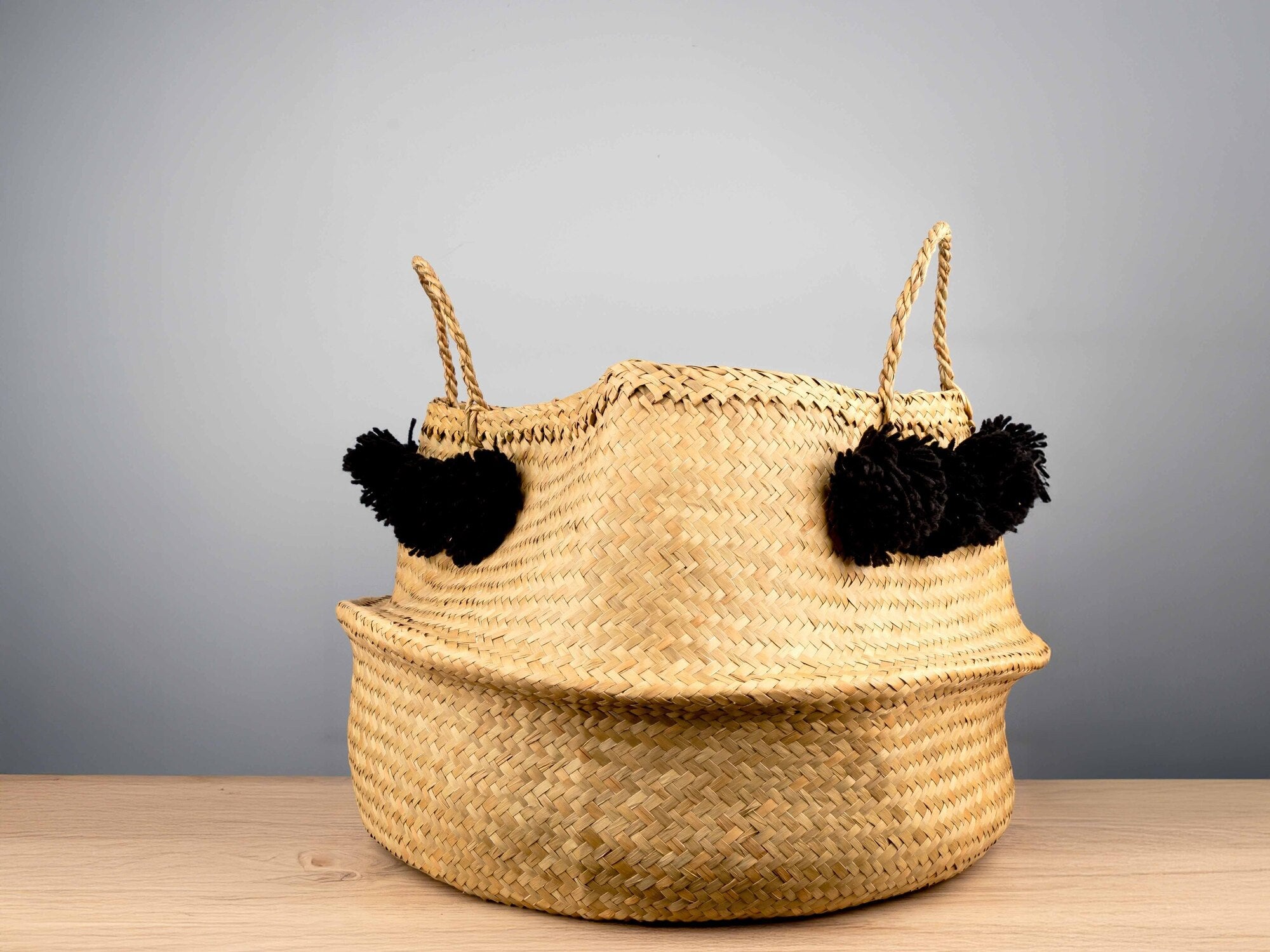 Wicker Collapsible Baskets w/ Black Pom Pom, Set of 2