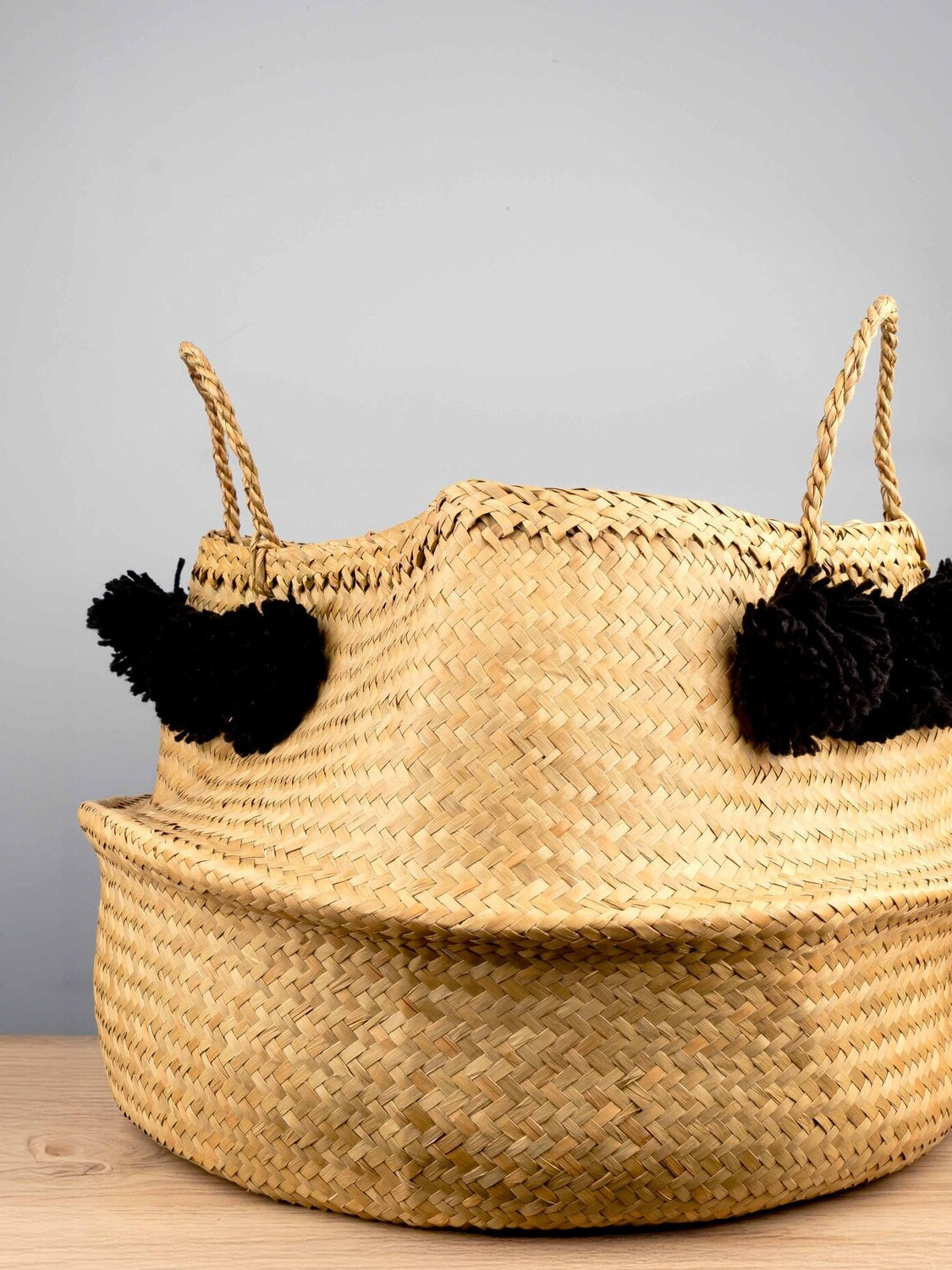 Wicker Collapsible Baskets w/ Black Pom Pom, Set of 2