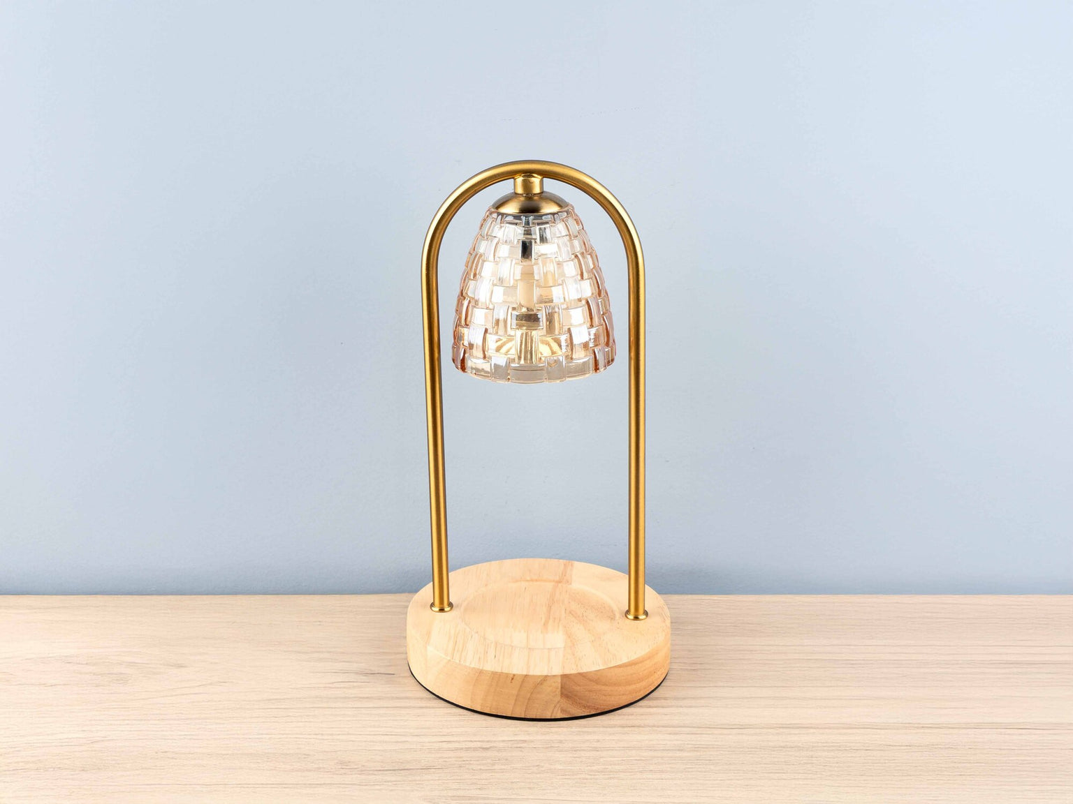 Mini Table Lamp/Candle Melting Lamp w/ Crystal Shade &amp; Wood Base, Gold