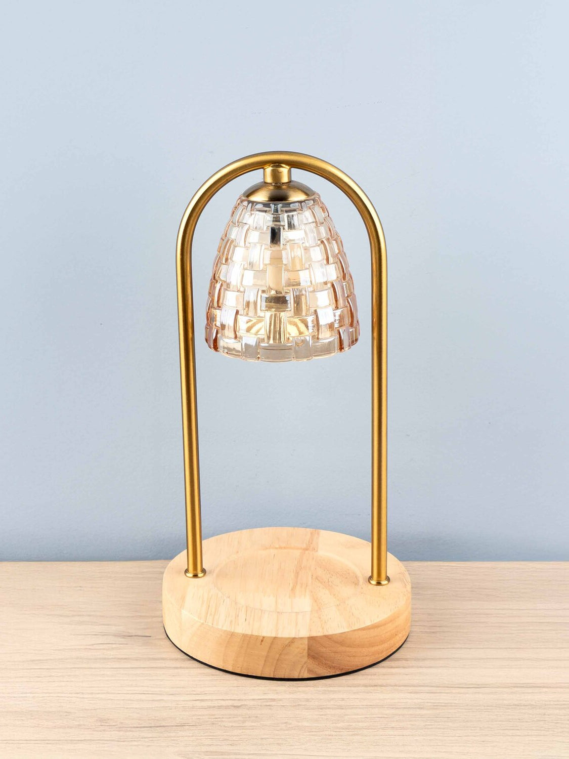 Mini Table Lamp/Candle Melting Lamp w/ Crystal Shade & Wood Base, Gold