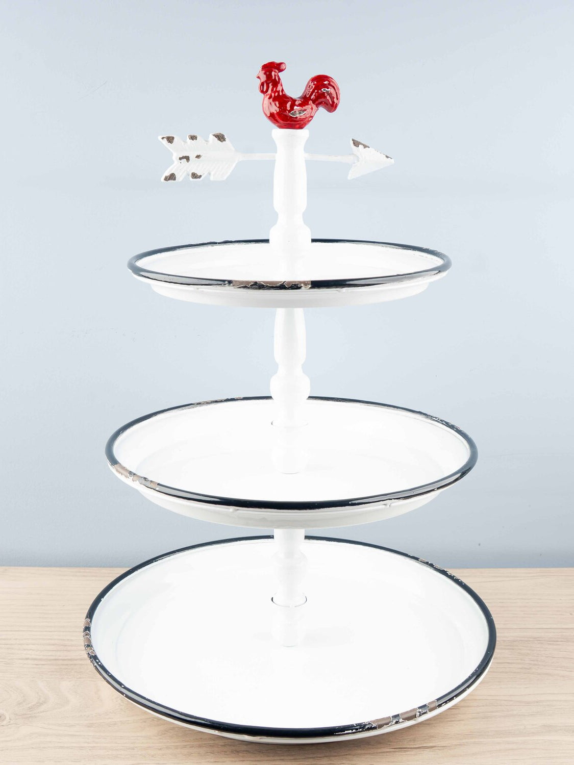 Decorative Metal 3-Tier Tray w/ Rooster, White w/ Black Rim