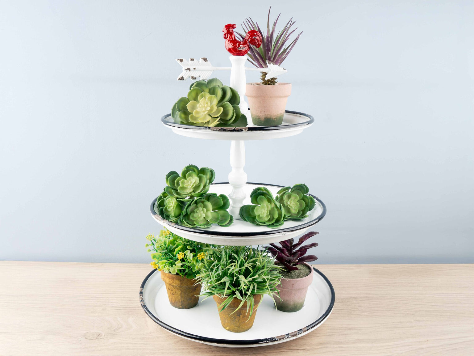 Decorative Metal 3-Tier Tray w/ Rooster, White w/ Black Rim