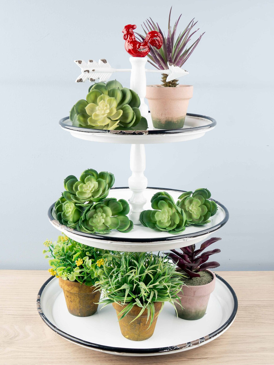 Decorative Metal 3-Tier Tray w/ Rooster, White w/ Black Rim