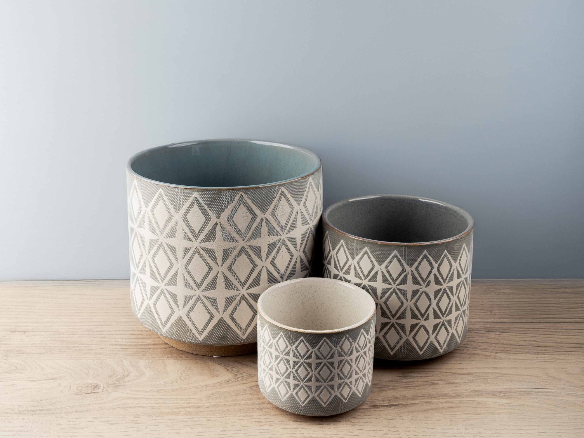 Stoneware Pot w/ Ethnic Pattern, Set of 3
