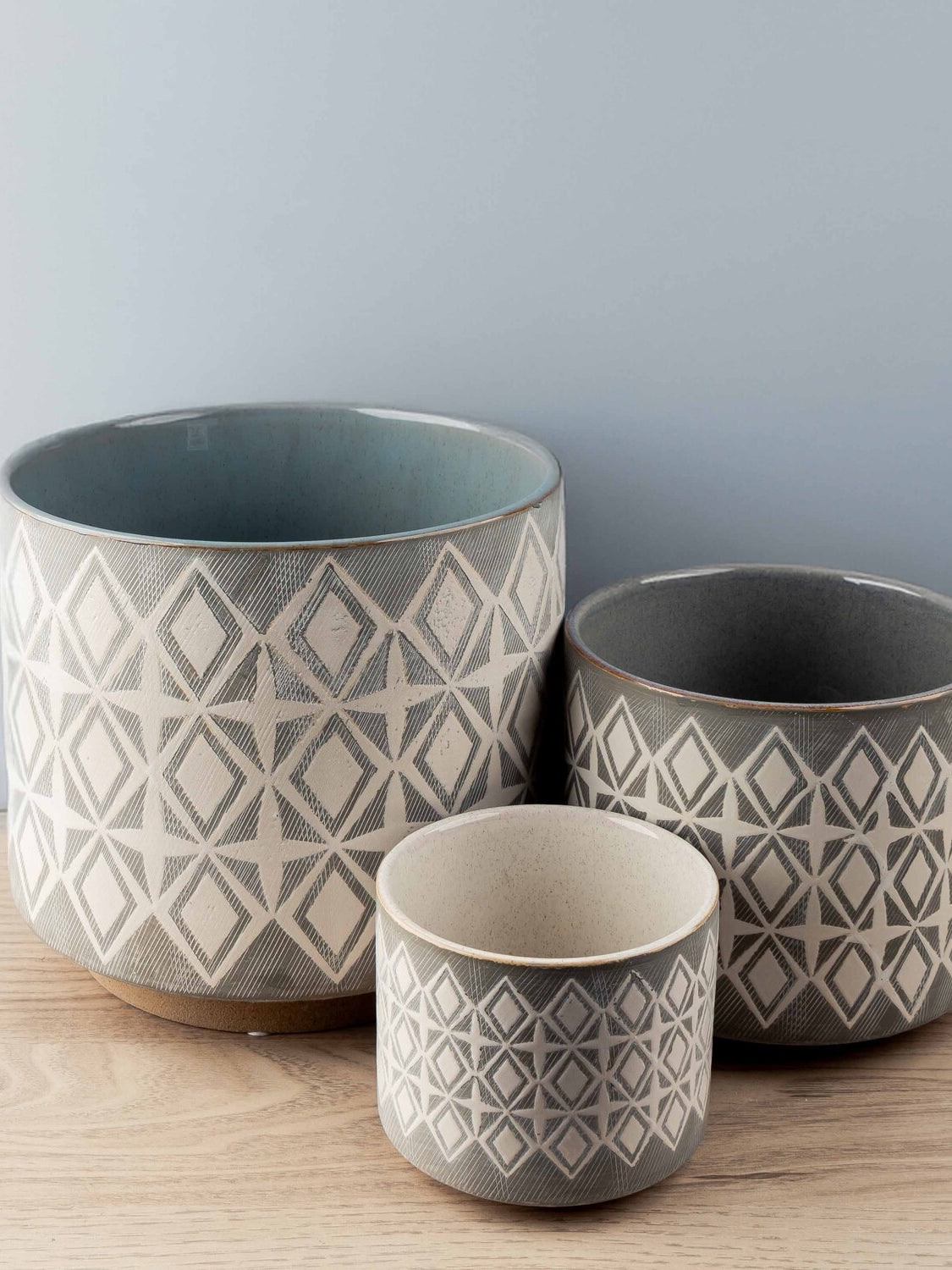 Stoneware Pot w/ Ethnic Pattern, Set of 3