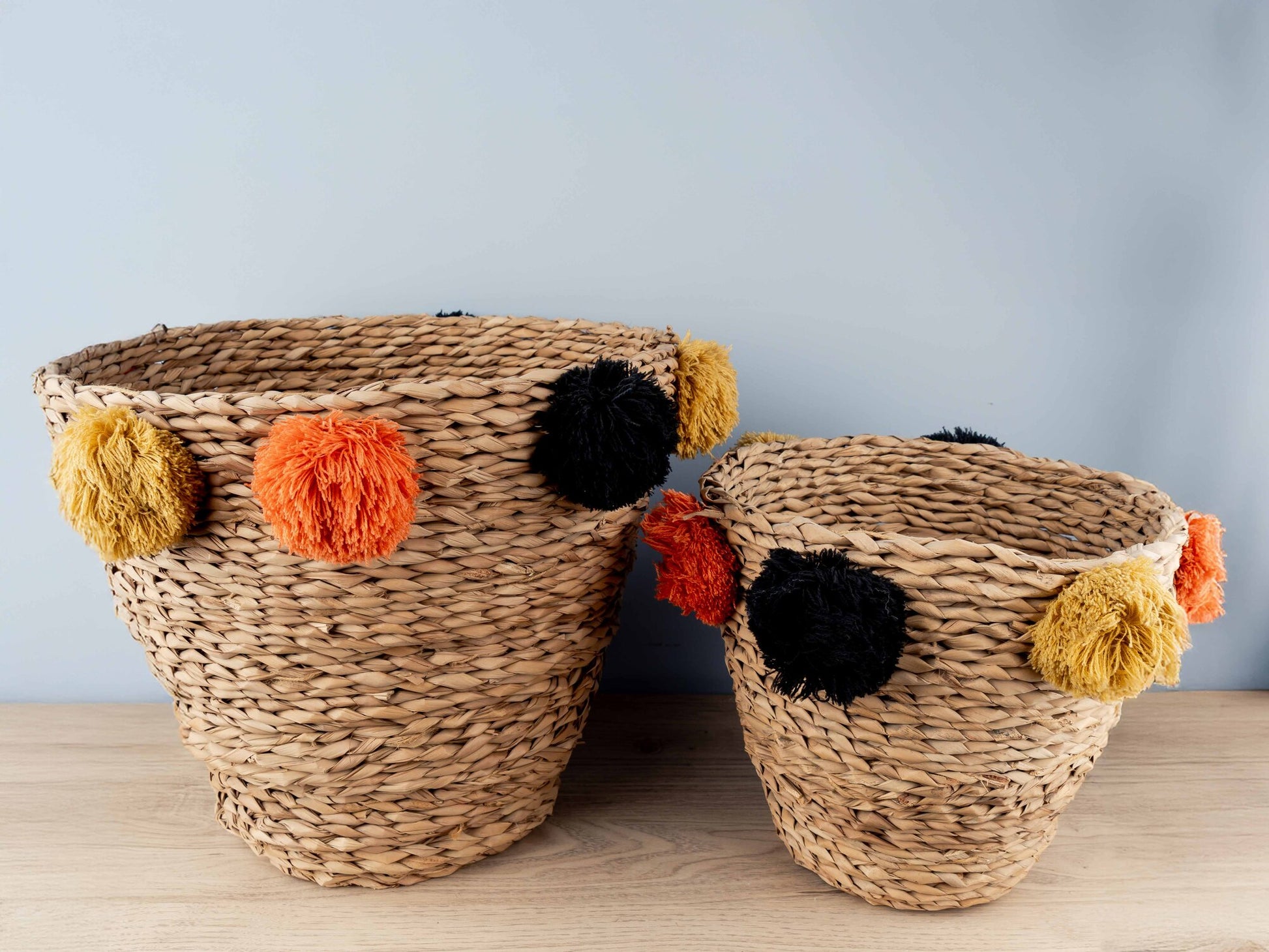 Natural Seagrass Baskets w/ Brown &amp; Pink Pom Poms, Set of 2