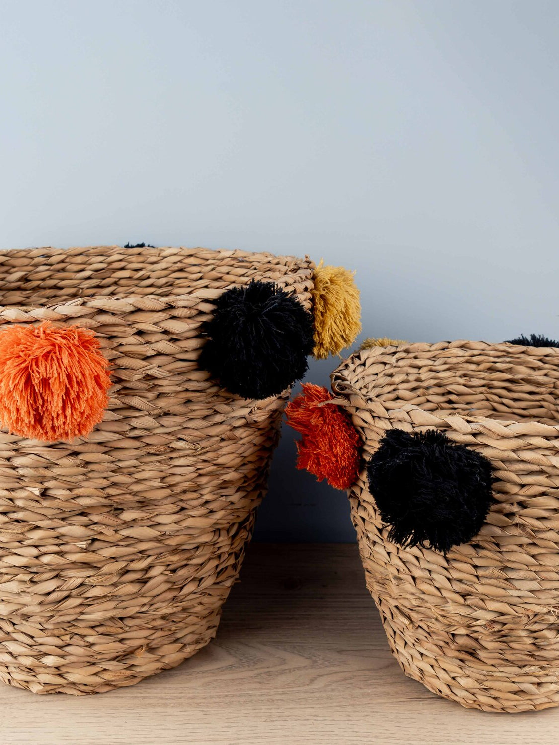 Natural Seagrass Baskets w/ Brown & Pink Pom Poms, Set of 2